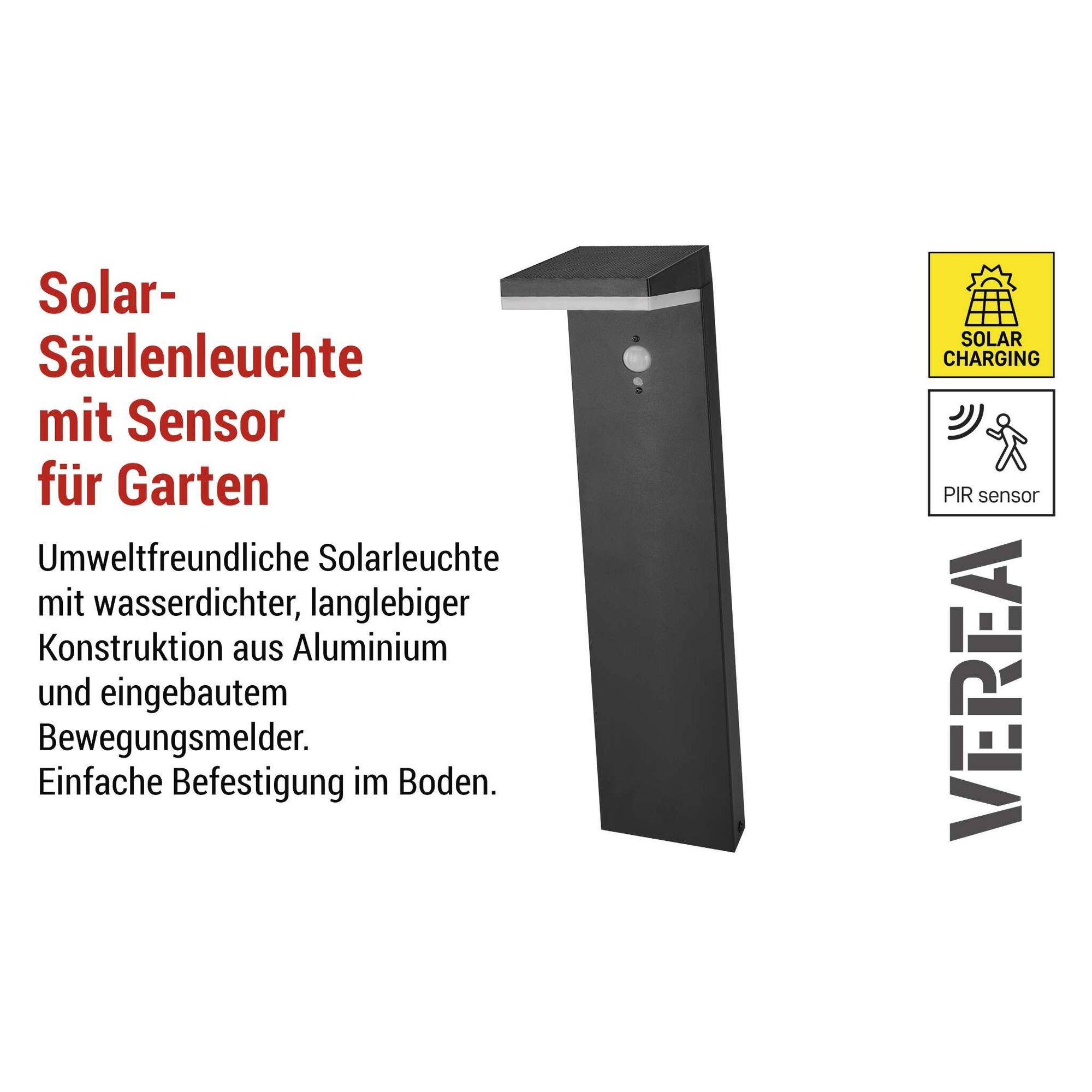 EMOS Solar LED-Stehleuchte VEREA mit Bewegungsmelder für Garten, wasserdichte Wegeleuchte,  460lm, Warmweiß, aus Aluminium zur Bodenmontage, ZGK0B4S