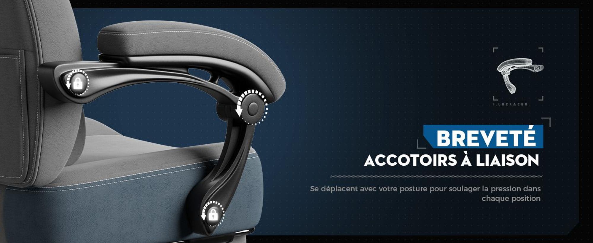 LUCKRACER Chaise de jeu, chaise de bureau avec accoudoirs reliés, coussin en mousse à mémoire de forme, angle d'inclinaison de 90-155° et repose-pieds, tissu fonctionnel résistant
