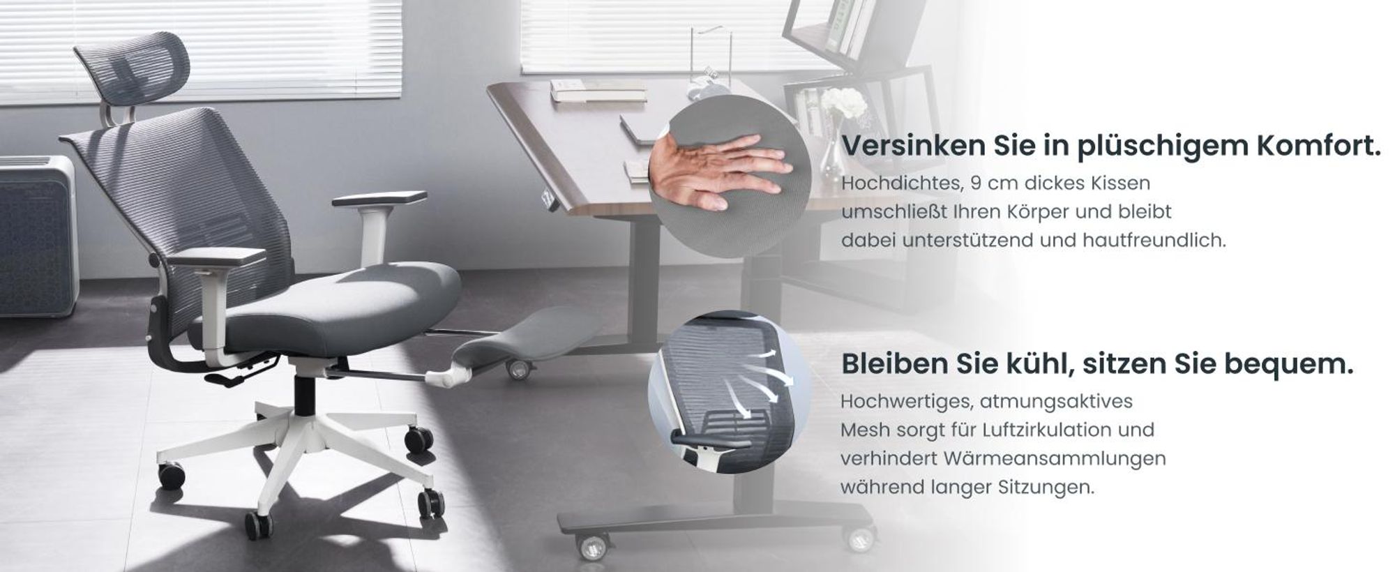 FLEXISPOT Foldex Ergonomischer Bürostuhl, klappbarer Bürostuhl für Kleine Räume mit Lendenwirbelstütze Höhenverstellbaren Armlehnen mit Fußstütze Grau