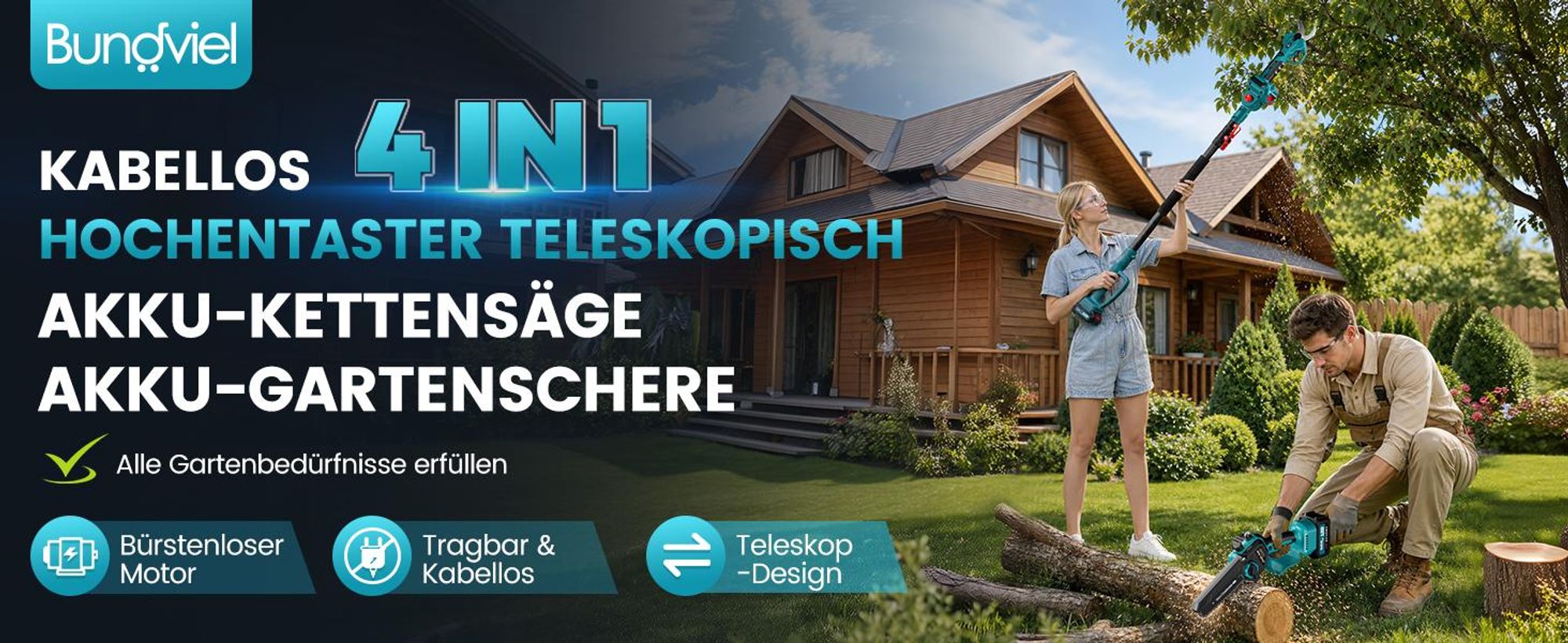 Akku Hochentaster 4in1 Akku Gartenset Bürstenloser Motor 6 Zoll Akku Kettensäge Akku Hochentaster Astschere 40mm Teleskopstange 2x4000mAh Akkus