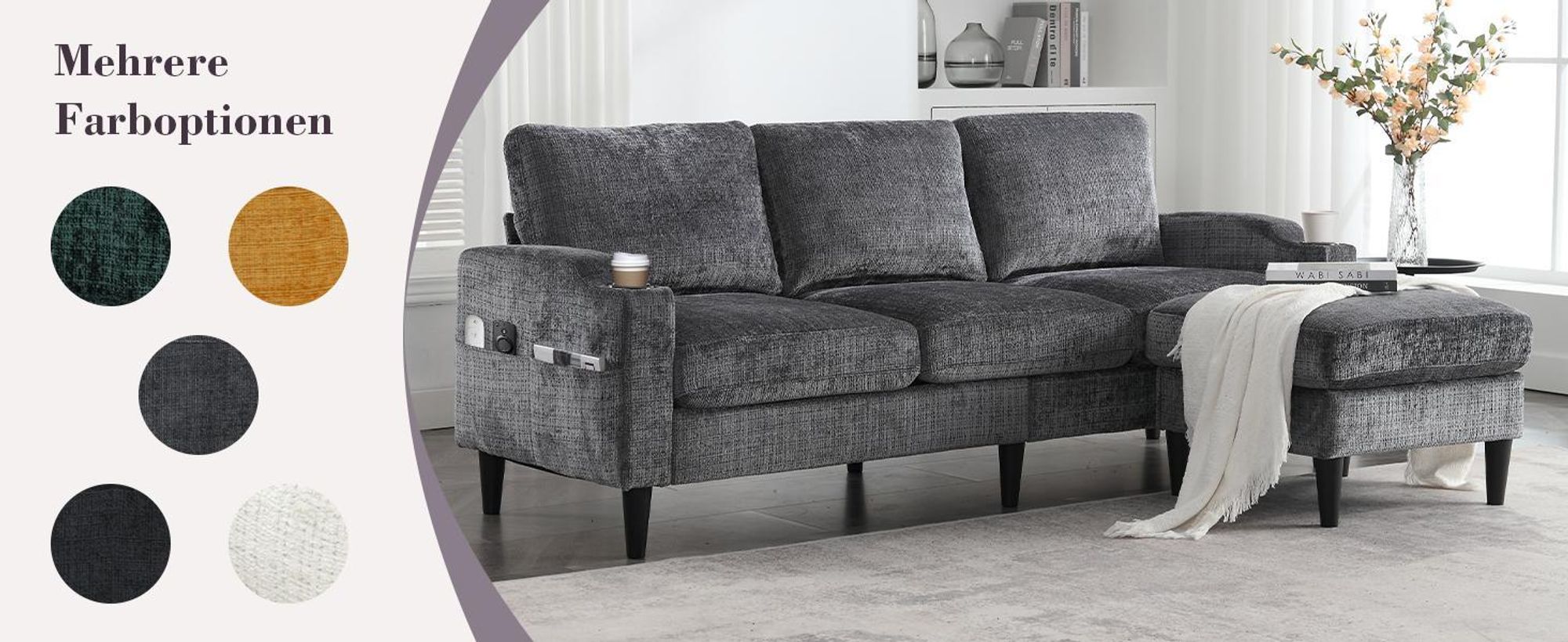 LVHOM 3-Sitzer-Sofa mit Hocker, 196,5 cm Modulares Sofa mit Getränkehälter und Seitentaschen, Sitzbank Chenille mit Stauraum, Couchgarnitur, Beige
