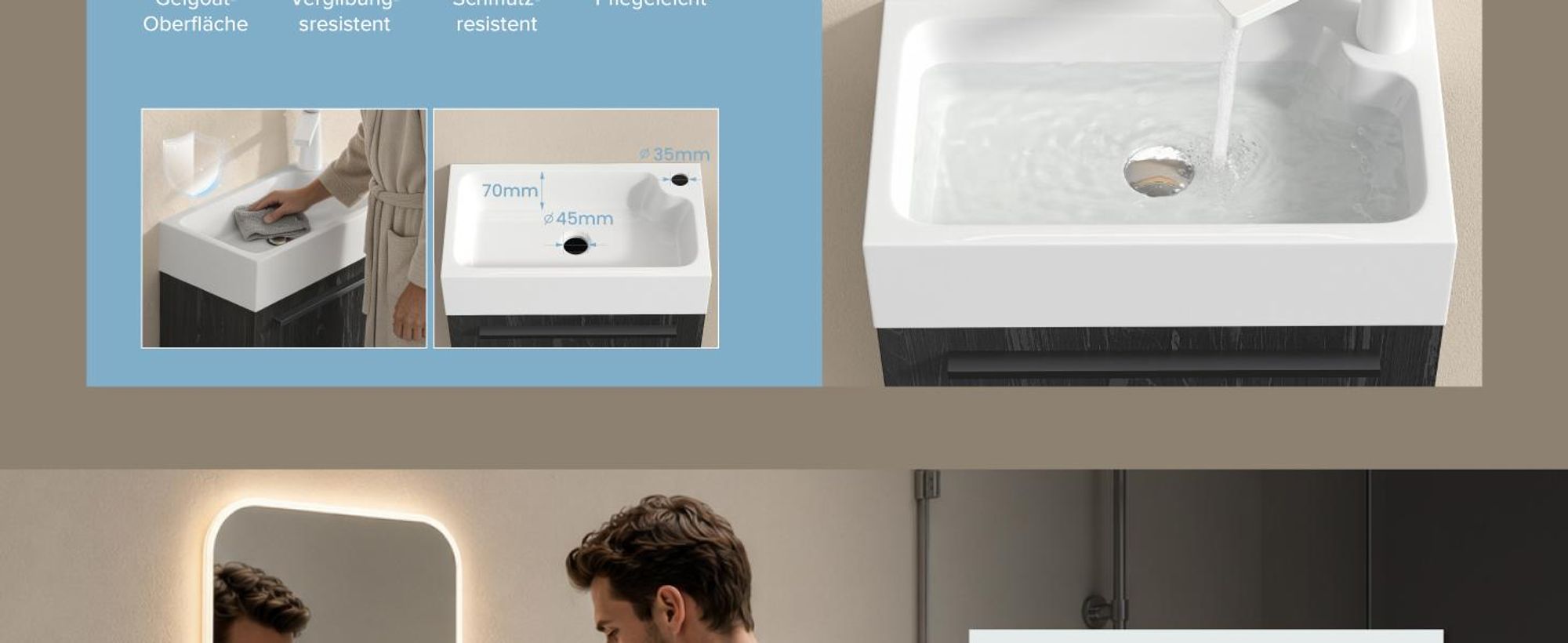 doporro Badmöbelset Waschbecken-Unterschrank für Gäste-WC 46cm in Anthrazit matt Design Waschplatz Wandmontage inkl. LED-Spiegel Pisa02