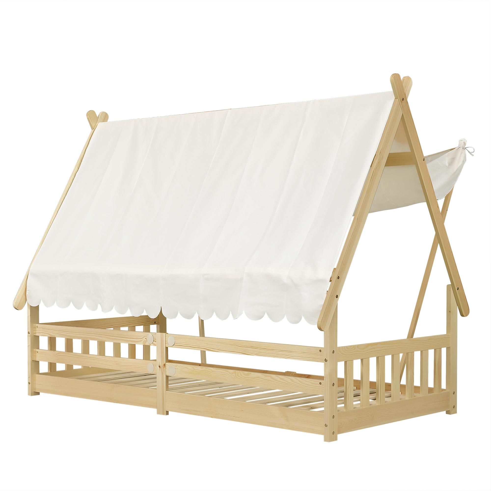 Flieks Kinderbtt Hausbett 90x200cm mit abnehmbarem Zelt, Bodenbett Einzelbett mit Rausfallschutz und Lattenrost, Naturbelassen