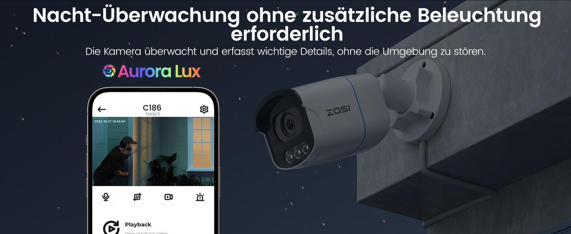 ZOSI 4K PoE Überwachungskamera Set mit 2TB HDD, 4X 8MP Aussen Kamera mit Echtfarben-Nachtsicht, F1,0-Blende, KI Personenerkennung, AuroraLux C186A
