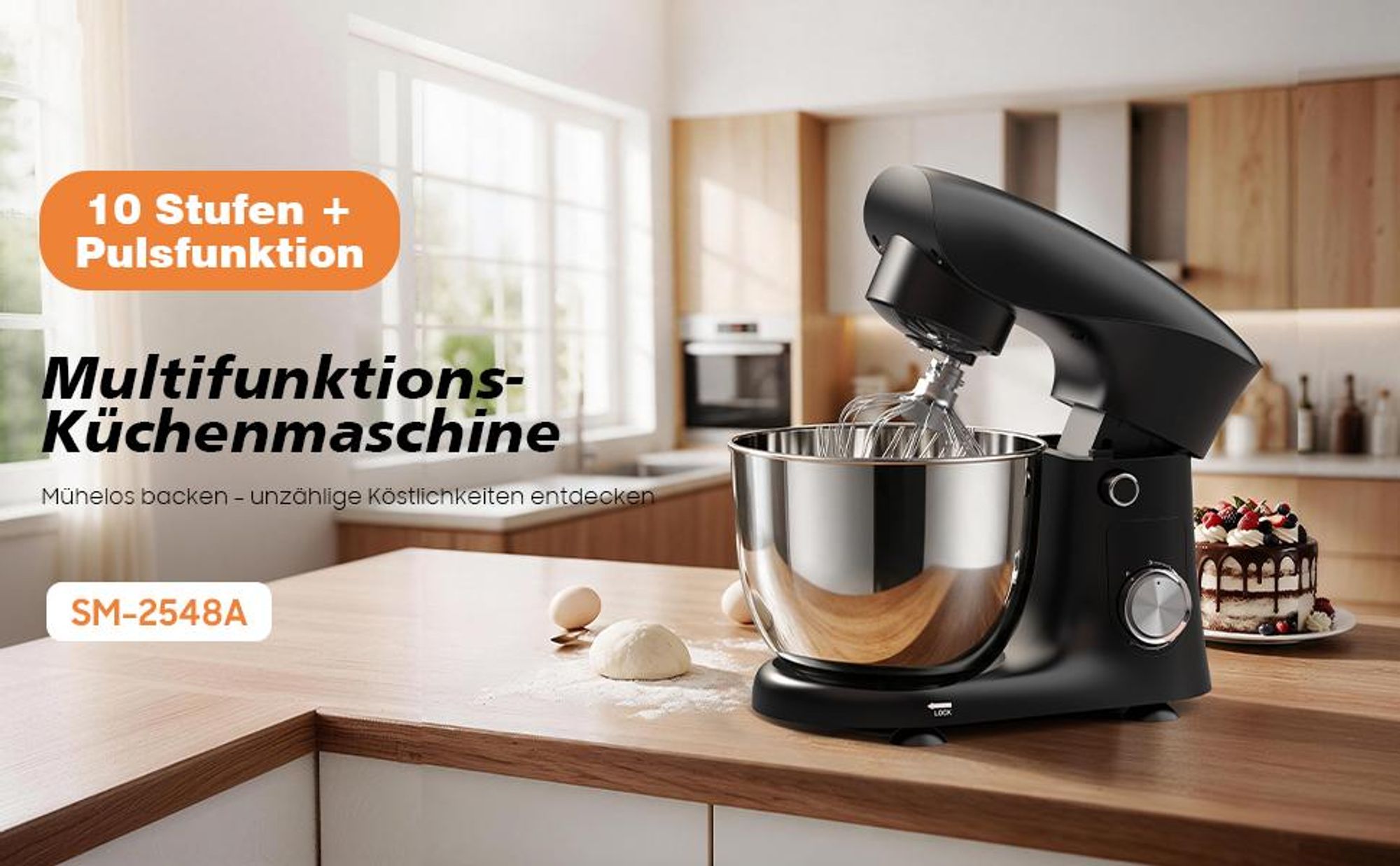 Küchenmaschine, 5L Edelstahlschüssel, Knet- & Rührmaschine, 10 Geschwindigkeiten, 600W, inkl. Knethaken, Rührhaken, Schneebesen & Spritzschutz