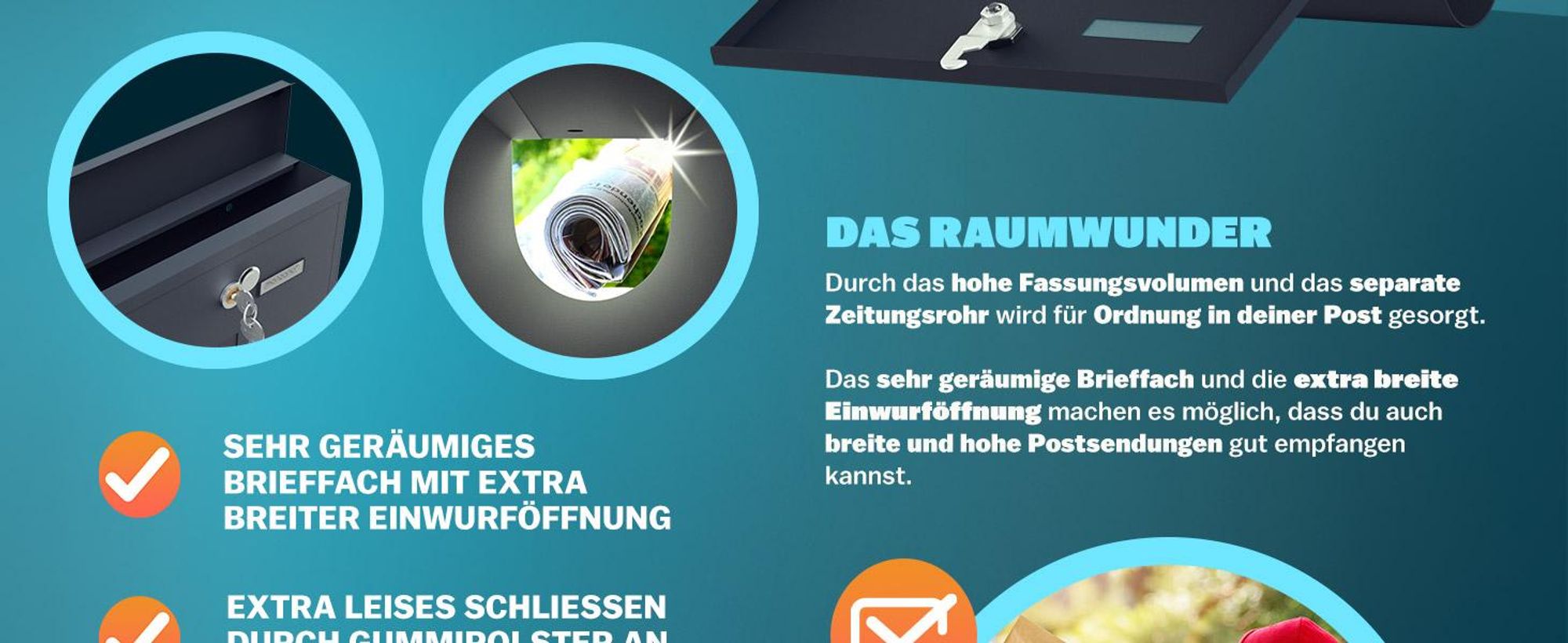 MONZANA® Briefkasten Kreuzschloss mit Kupfer-Schließzylinder drehbare Abdeckung 31x10x34 cm Sichtfenster Namensschild Zeitungsfach einfache Montage legierter Stahl 2 Schlüssel Postkasten Anthrazit
