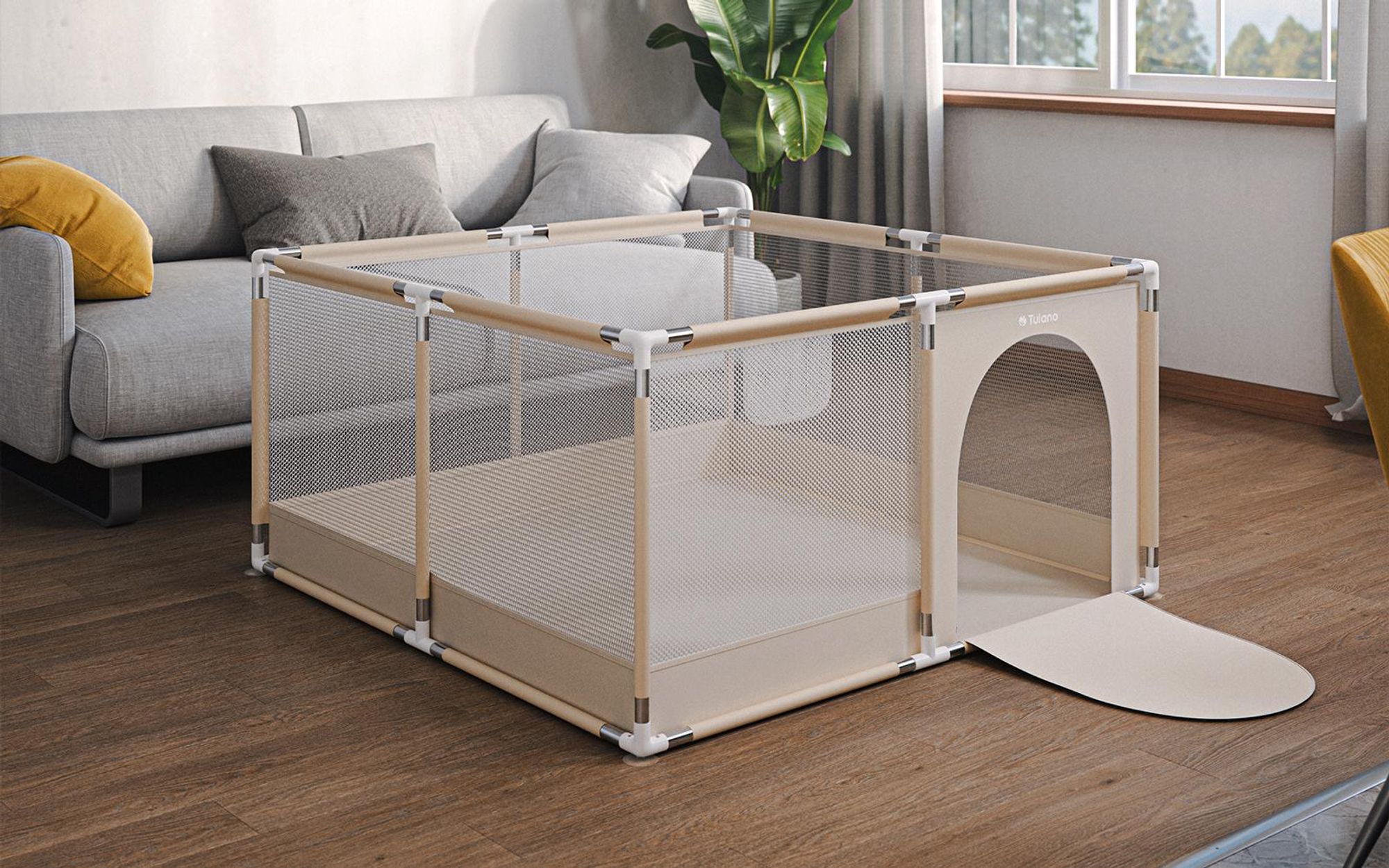 Tulano Cozy 20 Laufstall mit Boden für Kinder, Indoor & Outdoor, Metallrahmen, Netzseiten, rutschfeste Füße, Beige