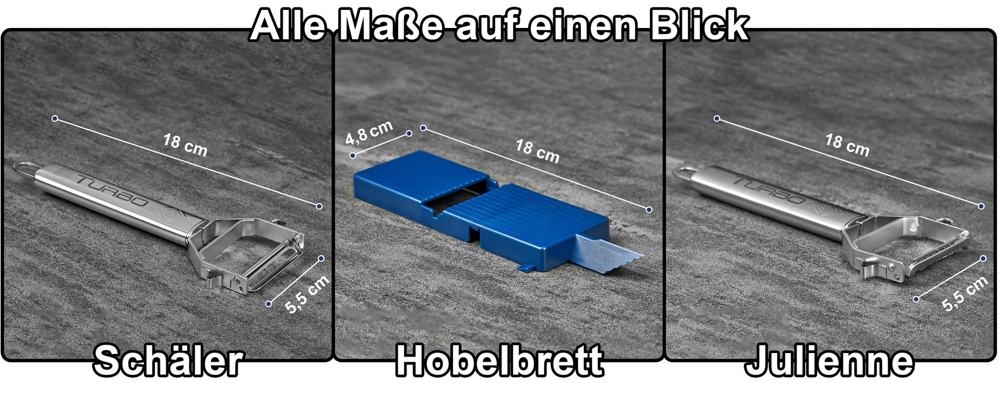 Maße von TURBO Schäler, Hobelbrett und Julienneschneider mit 18 cm Länge und 5,5 cm Breite