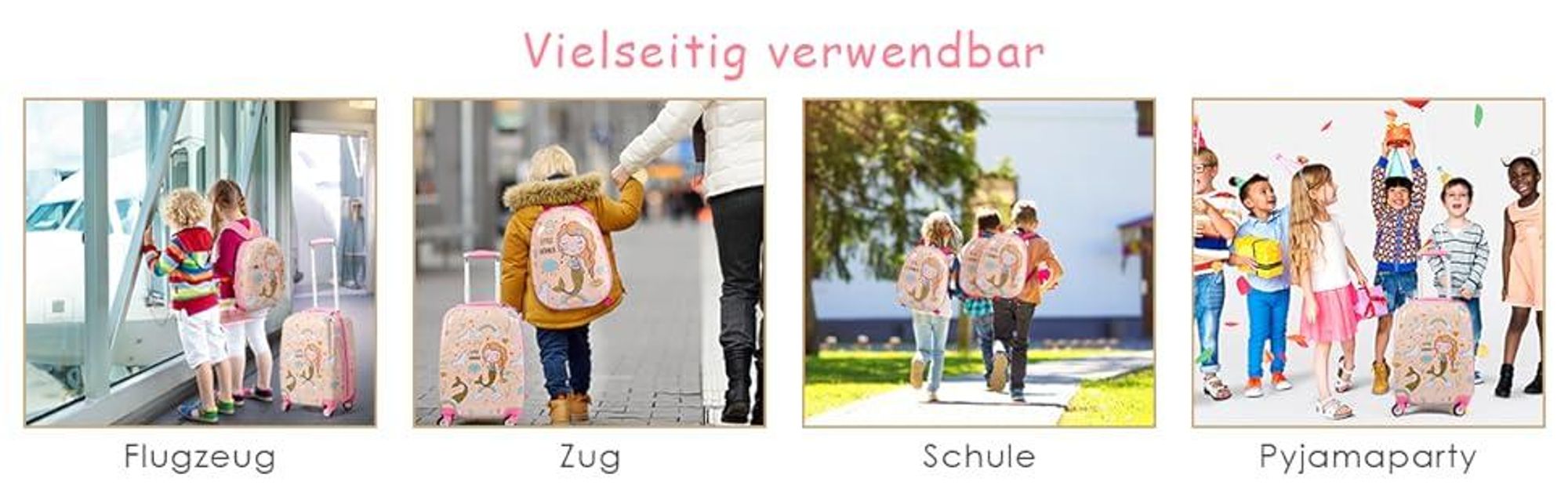 Kiderkoffer mit Rucksack, Kinderkoffer-Set mit 4 Rollen, Kindertrolley 18 Zoll + 12 Zoll (Pink)