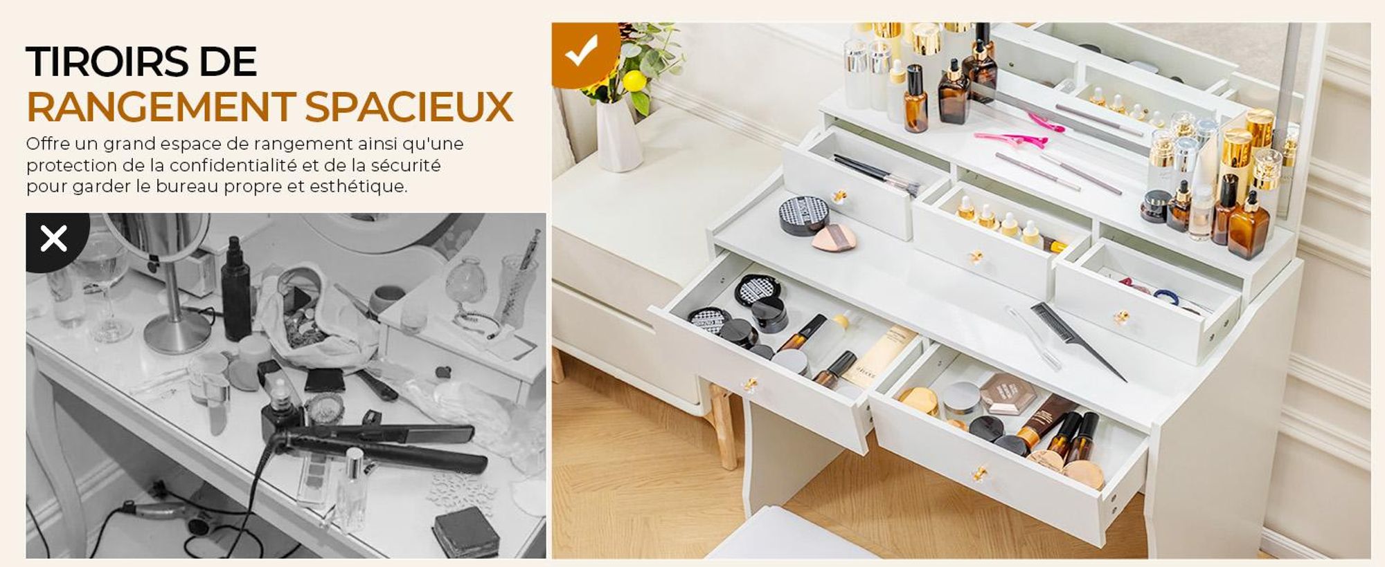 Coiffeuse avec miroir et LED, 5 tiroirs, 80 x 40 x 135 cm avec tabouret prises+lumière LED réglable, blanc