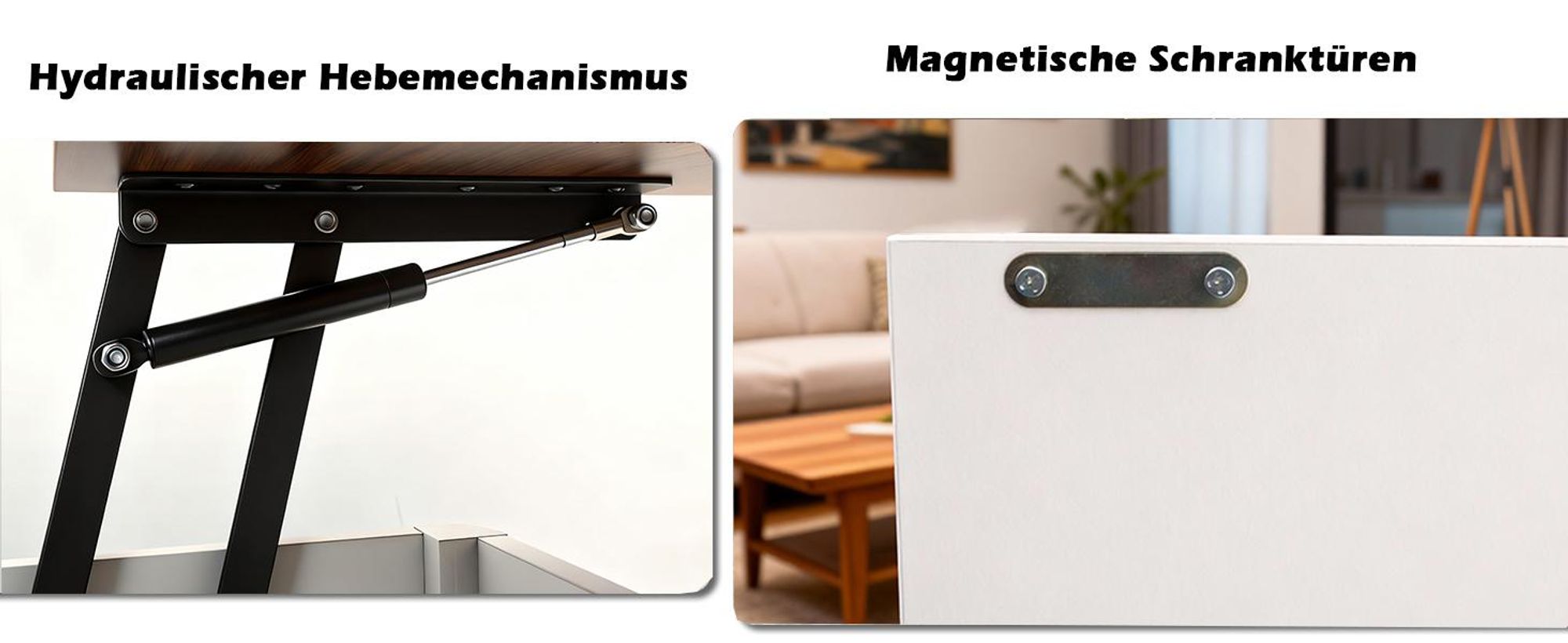 Puluomis Couchtisch mit Lift-Mechanismus, Multifunktionaler Esstisch Arbeitstisch mit Verstecktem Stauraum, Magnetischen Türen 80cm