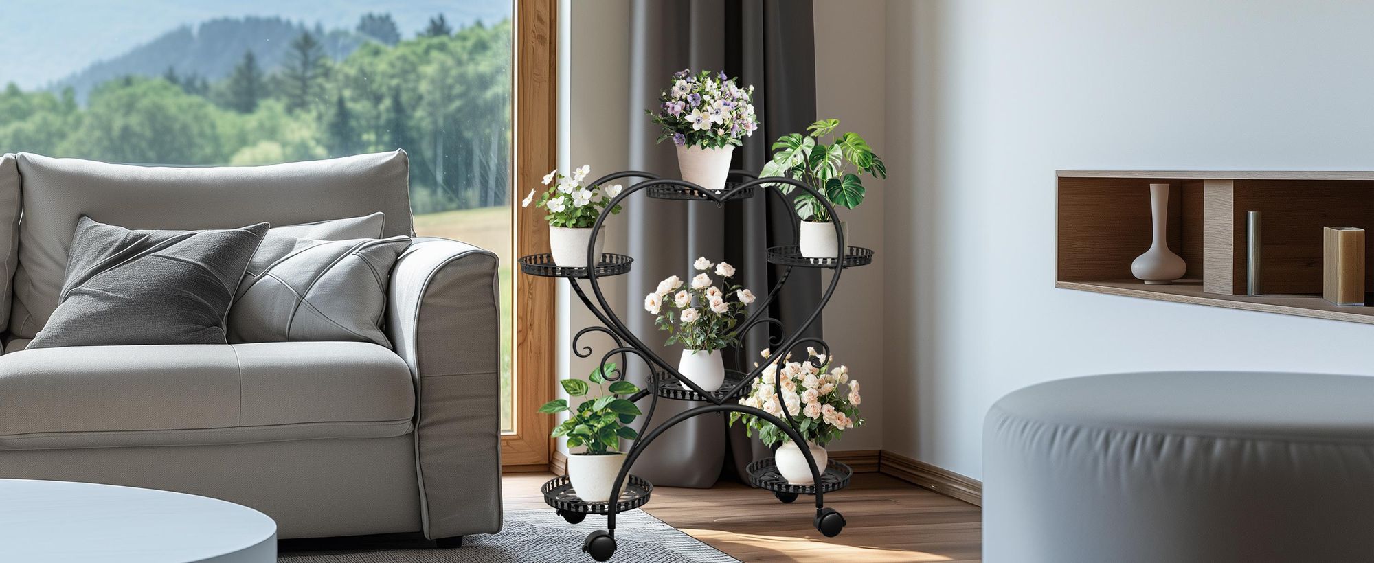 WISFOR Blumenständer Rollbar, Pflanzenregal für 6 Blumentöpfe, Pflanzenständer Blumenregal für Indoor Balkon Wohzimmer Garten, Schwarz