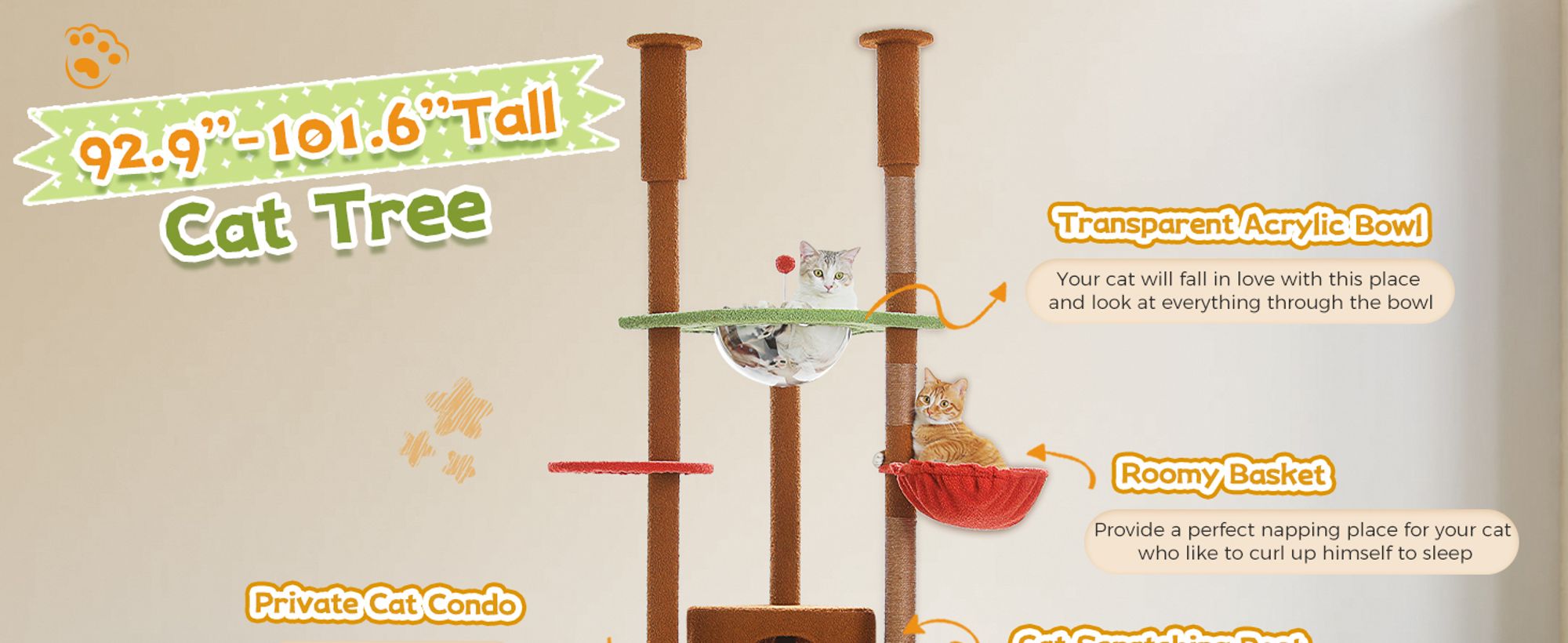PAWZ Road XXL Katzenbaum 236-258cm mit Sisal-Kratzpfosten, Doppelkondo und Korb für Großkatzen