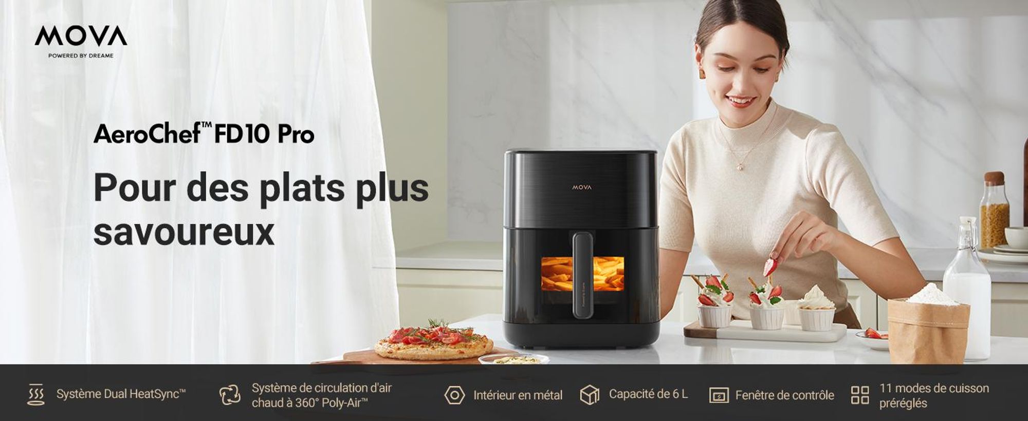 MOVA AeroChef™ FD10 Pro Friteuse à air chaud 6L, Dual HeatSync™, Circulation Poly-Air™ 360°, Intérieur métal, Fenêtre de contrôle, 11 modes préréglés