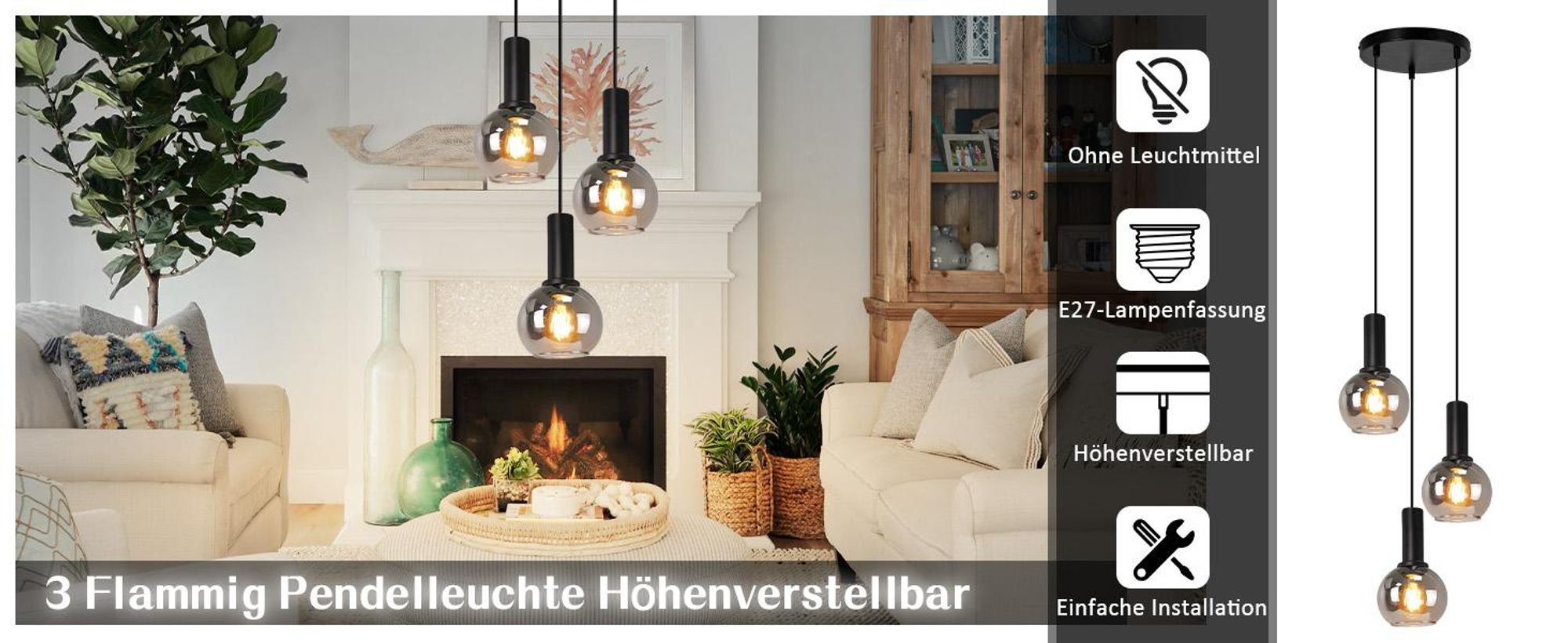 Lámpara colgante ZMH para mesa de comedor, cristal, 3 luces. Lámpara colgante para comedor, estilo retro. Lámpara ajustable en altura, ideal para dormitorio, bar o comedor