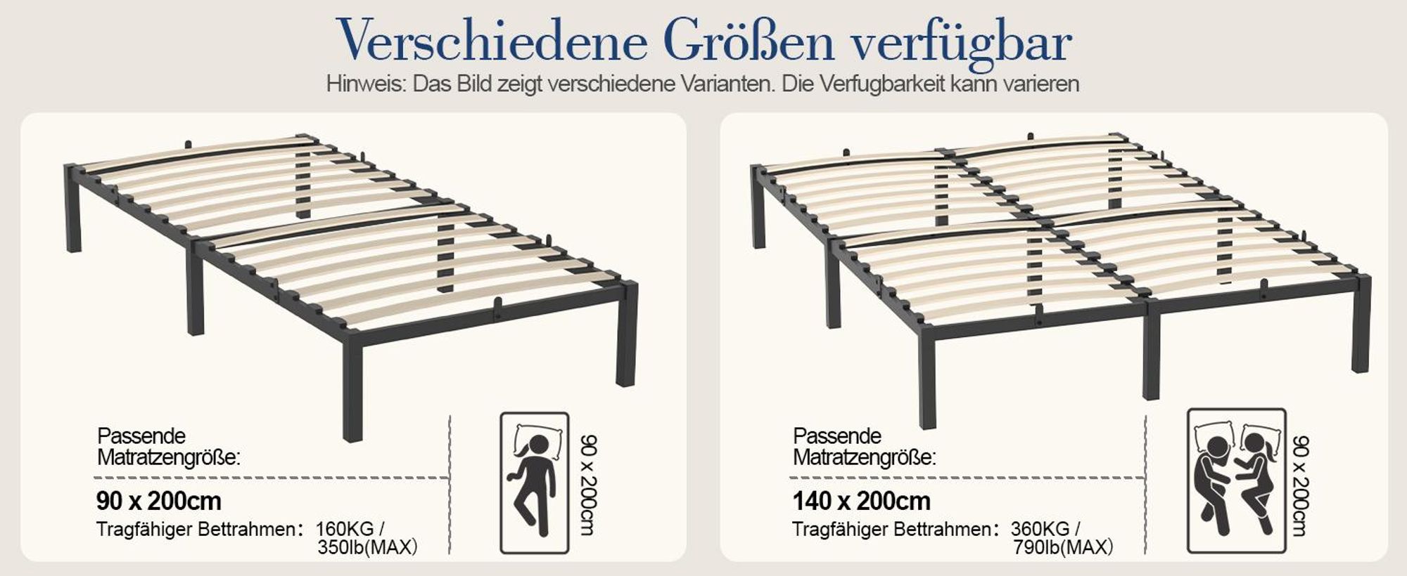 Metallbett 90x200 cm mit Lattenrost, Bettgestell aus Stahl & Holz, 160 kg Belastbar, 26 cm Stauraum, Geräuscharm, Einfache Montage, Schwarz
