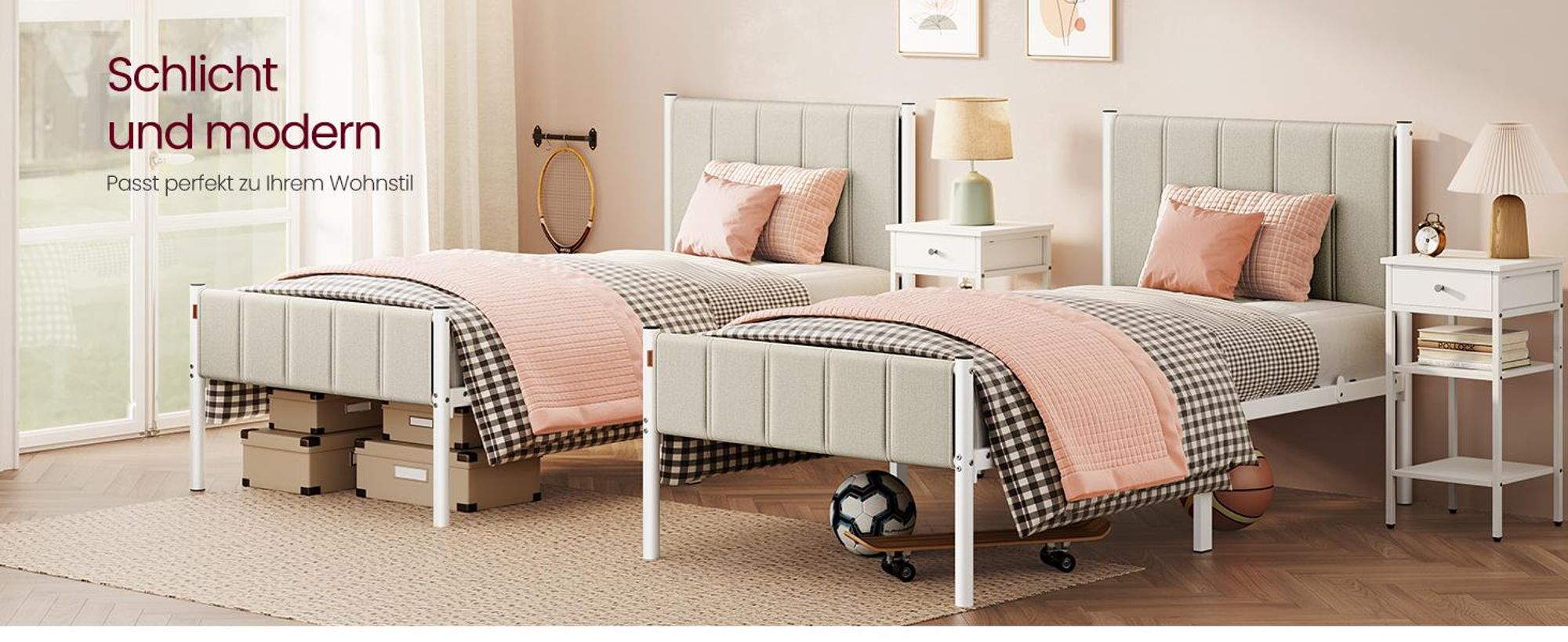 VASAGLE Einzelbett, Bettgestell, 90 x 200 cm, mit gepolstertem Kopfteil, Bettrahmen, Stahl, trägt bis zu 250 kg, beige