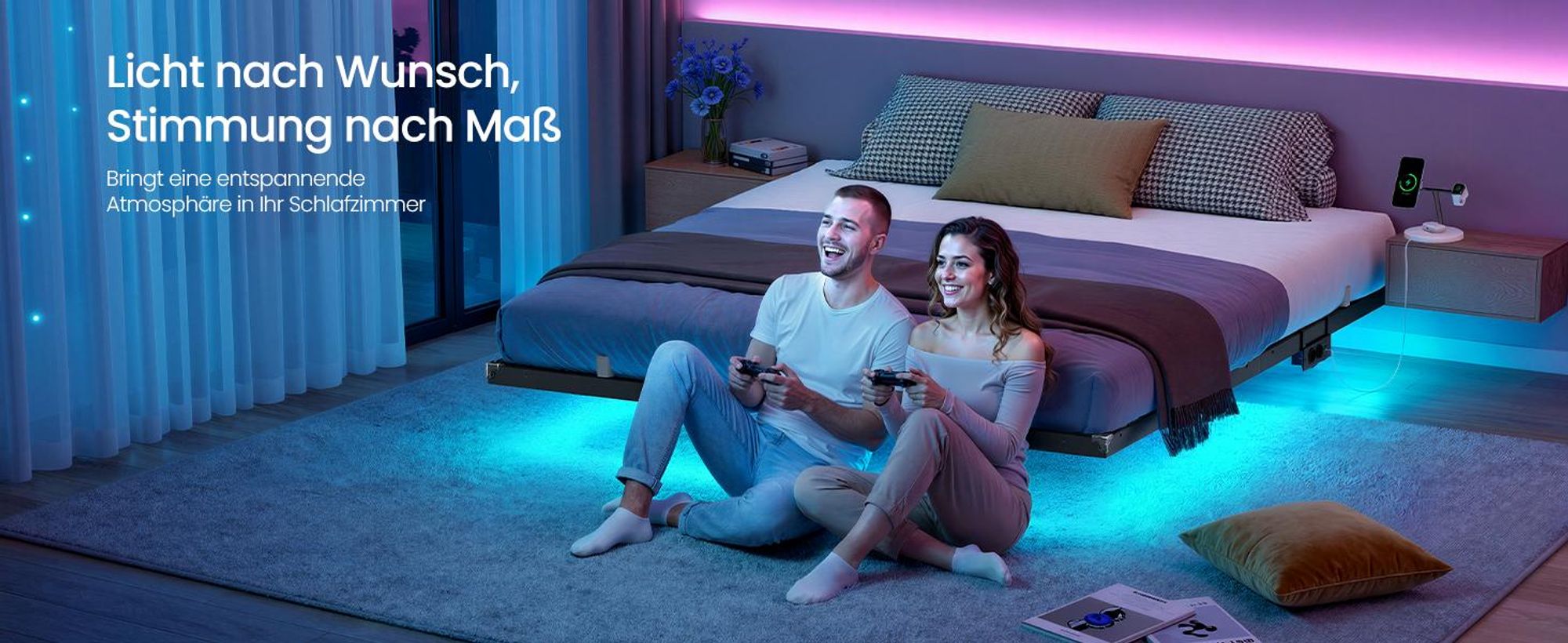 VASAGLE Bettgestell 180 x 200 cm mit LED-Beleuchtung, USB-C-Anschluss, Steckdosenleiste, Schlafzimmer, trägt bis 500 kg, schwarz