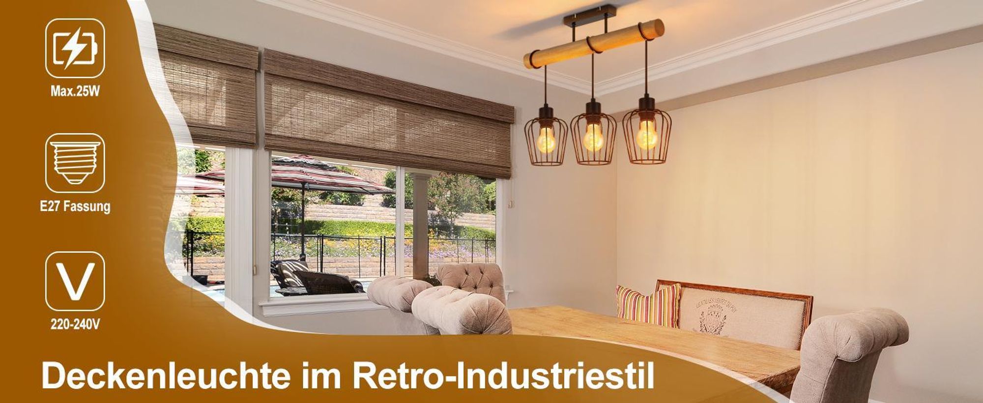 ZMH Deckenleuchte Wohnzimmer Vintage Deckenlampe Holz Schwarz Wohnzimmerlampe im Industrial Design aus Metall E27 Deckenbeleuchtung für Küche Esszimmer Schlafzimmer - ohne Leuchtmittel