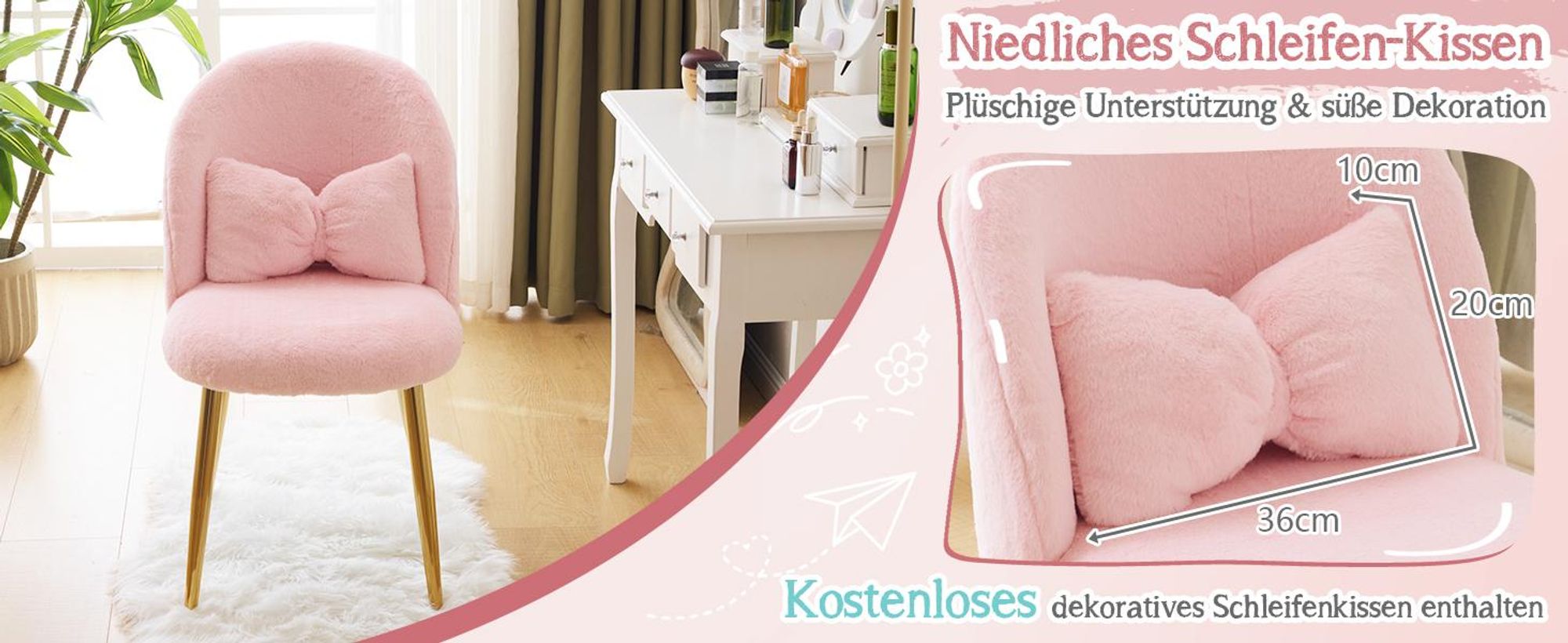 Alightup Esszimmerstuhl, Schminkstuhl, Schminktisch Stuhl, Homeoffice Stuhl,mit Verstellbaren Goldbeinen & Schleifenkissen,Plüsch, Rosa