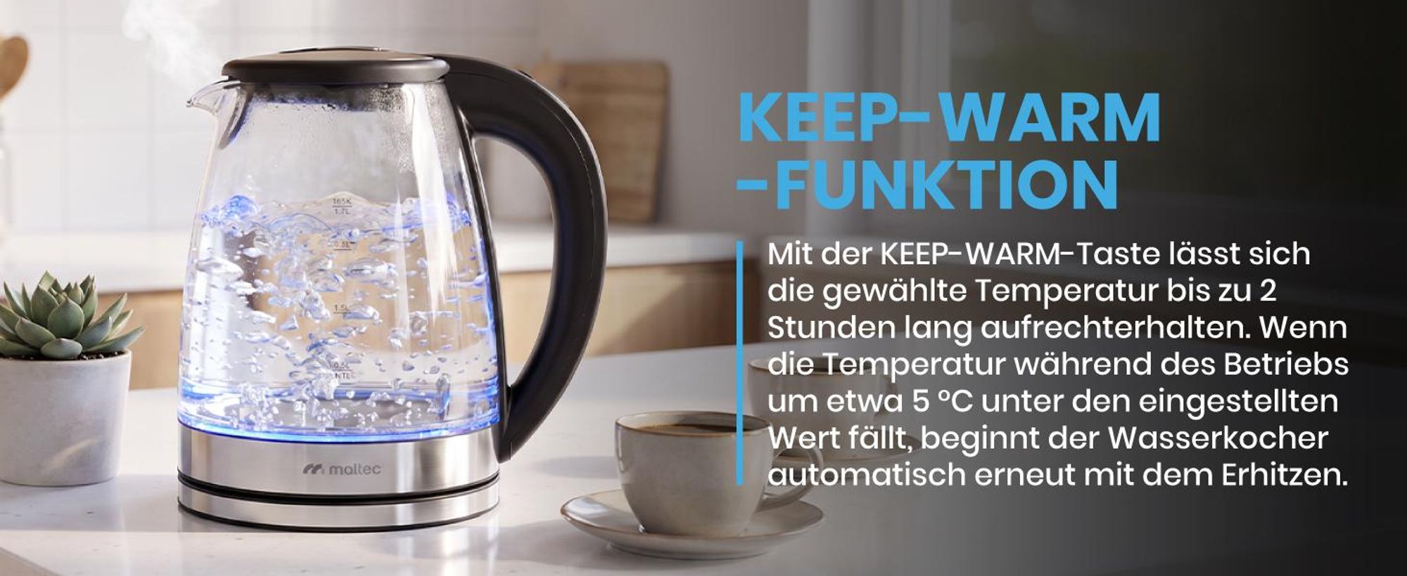 Elektrischer Glaswasserkocher mit einem Fassungsvermögen von 1800 ml Leistung 2200 Watt