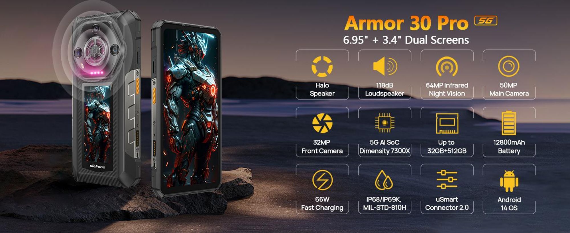 Ulefone Armor 30 Pro Outdoor Handy 5G Dual-Screen,32GB+512GB,12800mAh,64MP Nachtsicht,WiFi 6E/NFC