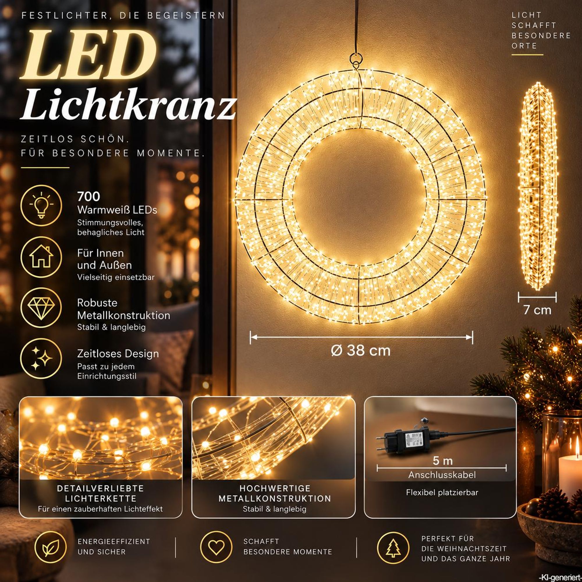 LED Lichterkranz Ø 38 cm 700 LEDs Warmweiß mit Stecker & Timer, Metall Weihnachtskranz Hängekranz Türkranz, IP44 Innen Außen, Türkranz Weihnachtsdeko