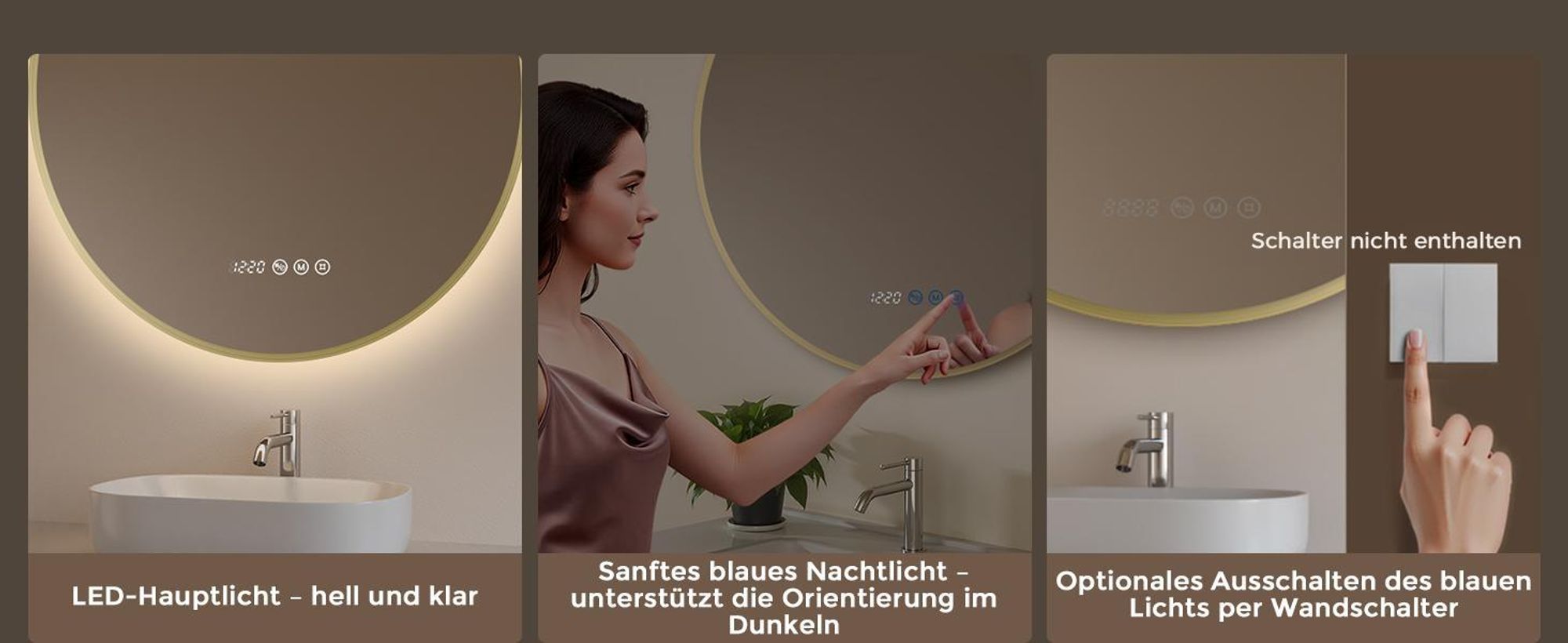 S'AFIELINA LED Badezimmerspiegel Rund Ø70 cm, Goldener Rahmen, 3 Lichtfarben, stufenlos dimmbar, Antibeschlag, Uhr & Temperaturanzeige, Memory