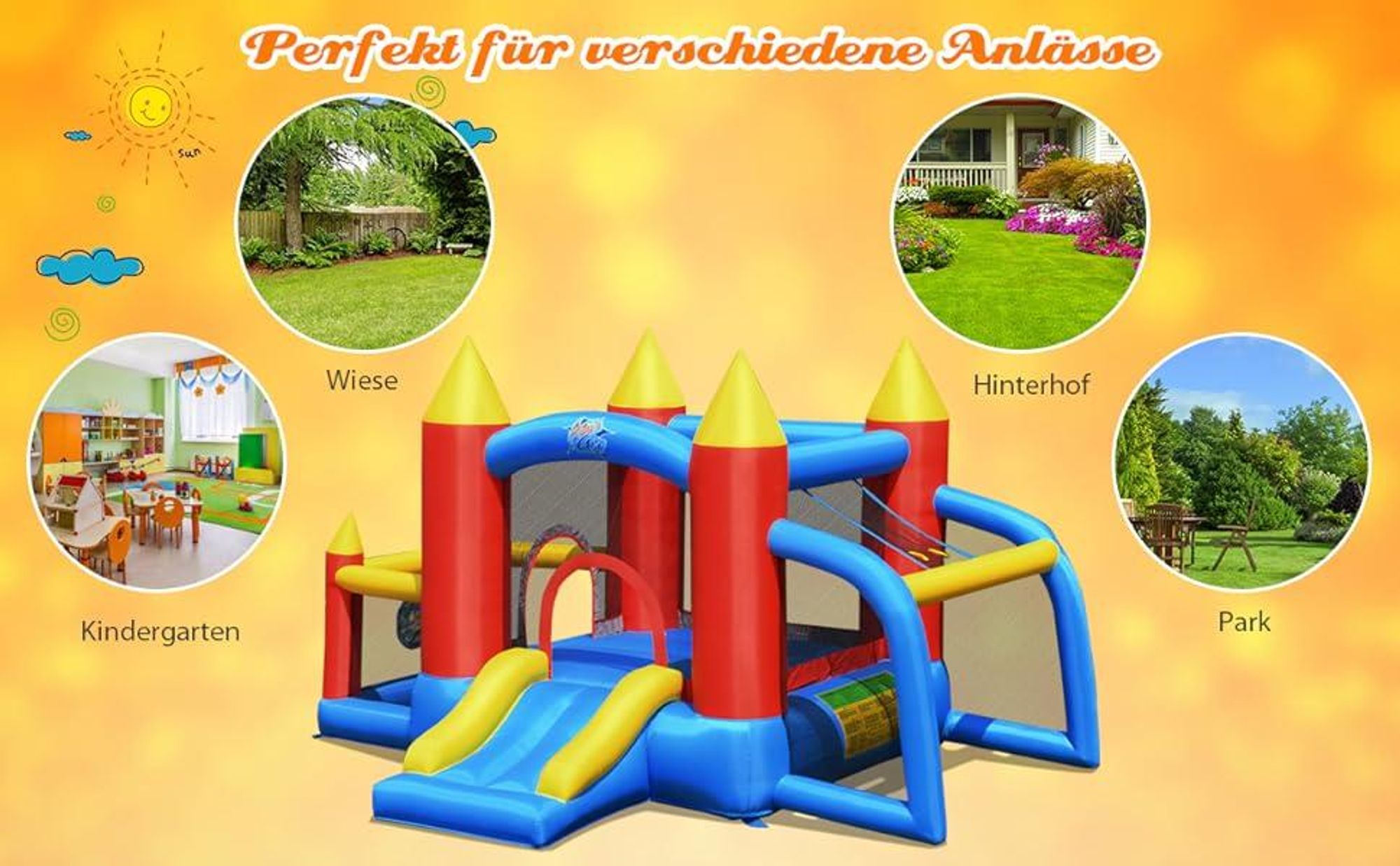 COSTWAY Hüpfburg + 450W Gebläse Springburg Hüpfschloss, Bouncer mit Rutsche, 60 Ozeanbälle, Fußballtor, 2 Dartpfeile, Tragetasche, 350x275x196cm
