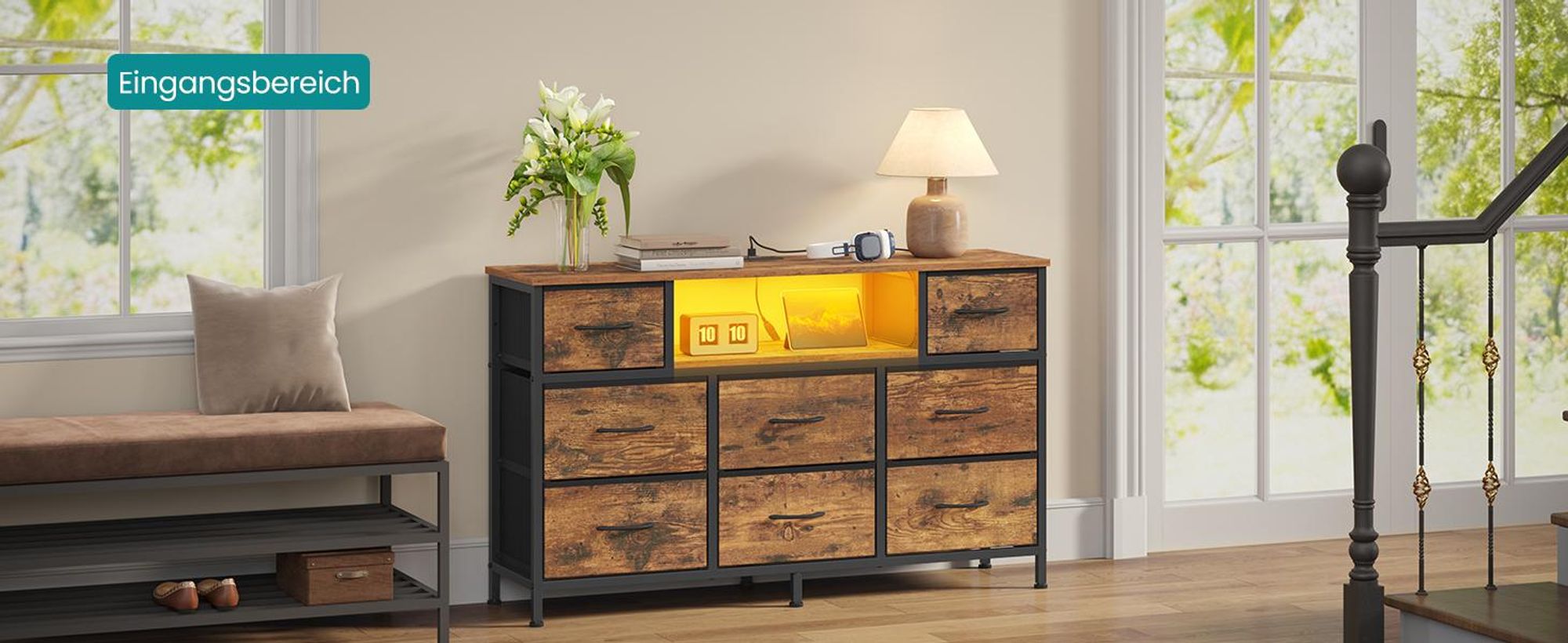 SONGMICS Kommode mit 8 Stoffschubladen, TV-Schrank mit LED und Steckdosen, 113,8 x 30 x 68,1 cm, Vintagebraun