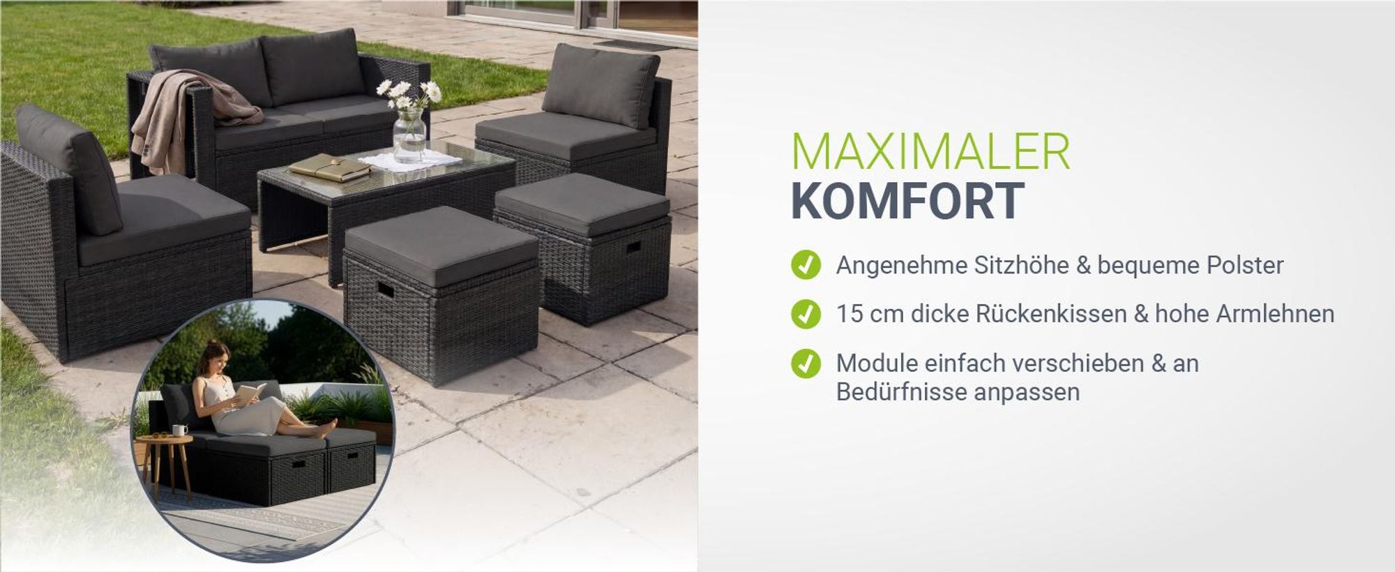 Juskys Polyrattan Gartenmöbel Set Salou - Lounge für 6 Personen, wetterfest - Schwarz