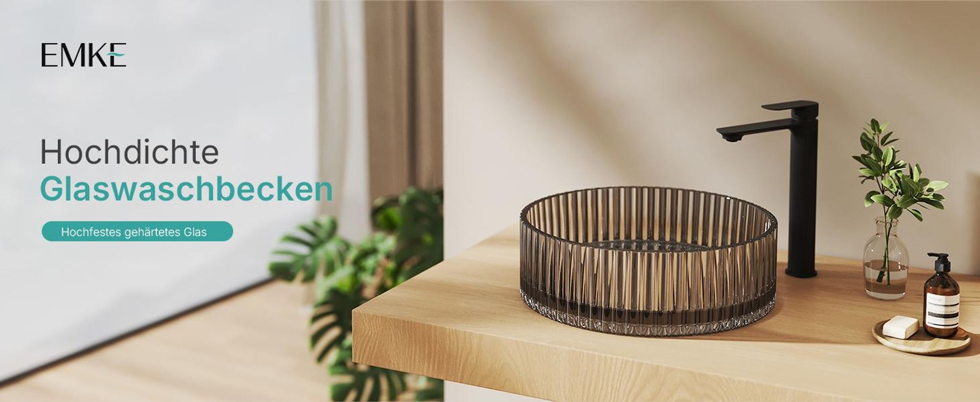 EMKE Aufsatzwaschbecken Rund 400x400x120mm aus gehärtetem Kristallglas Mattschwarz Elektroplattiert, ohne Hahnloch & Überlauf, Modernes Design
