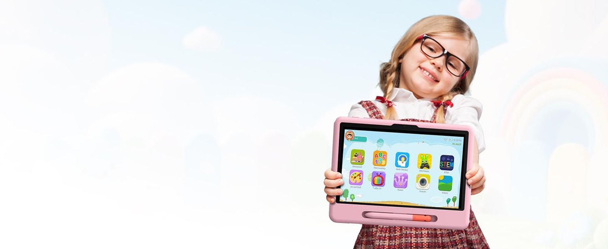 POCKAM P10 kinder tablet, 10,1 inch, met Gemini AI, Android 16, 32 (6+26) GB RAM + 64 GB ROM/TF 2TB, 7000mAh, WiFi tablet voor kinderen, met kindvriendelijke hoes en stylus