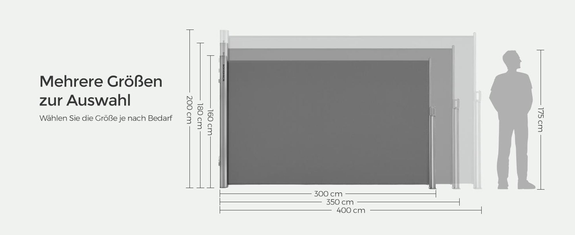 SONGMICS Alu Seitenmarkise 180 x 400 cm 280 g/m² ausziehbar Sichtschutz, Sonnenschutz für Balkon & Terrasse anthrazit  GSA184G