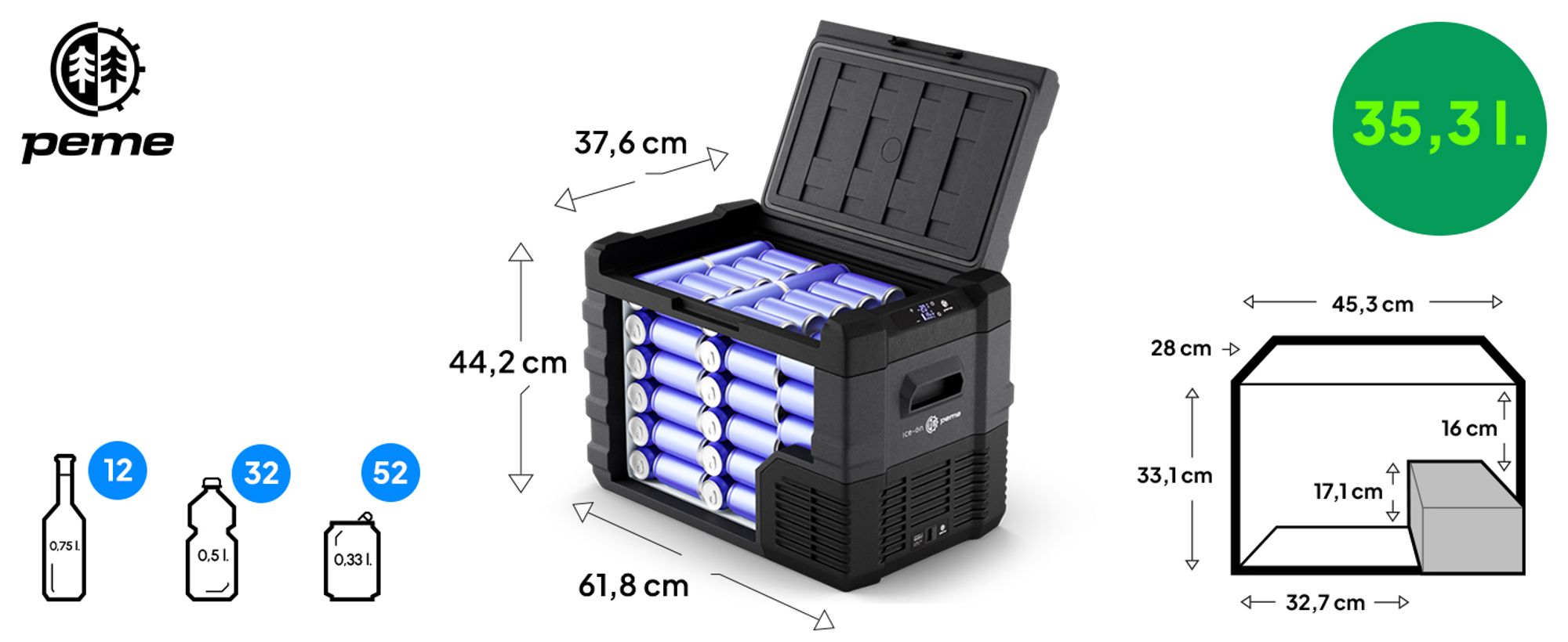 PEME Quest 40 Kompressor Kühlbox 35 L Elektrische Gefrierbox Autokühlschrank 12V 24V 230V LKW Camping Kühlschrank App Auto USB Innenbeleuchtung -20°C