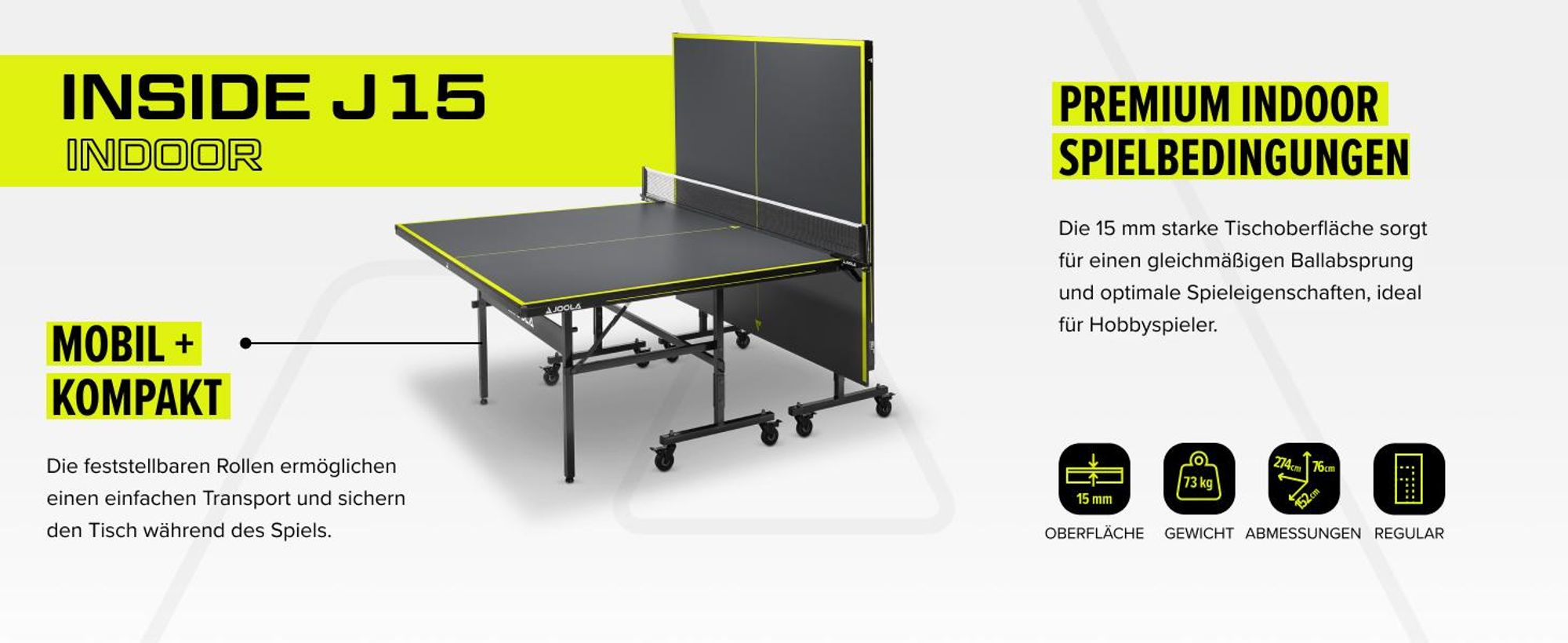 JOOLA Tischtennisplatte Inside J15 Tischtennistisch Indoor klappbares Untergestell - inklusive Netz, Grau, 274 x 152,5 x 76 cm