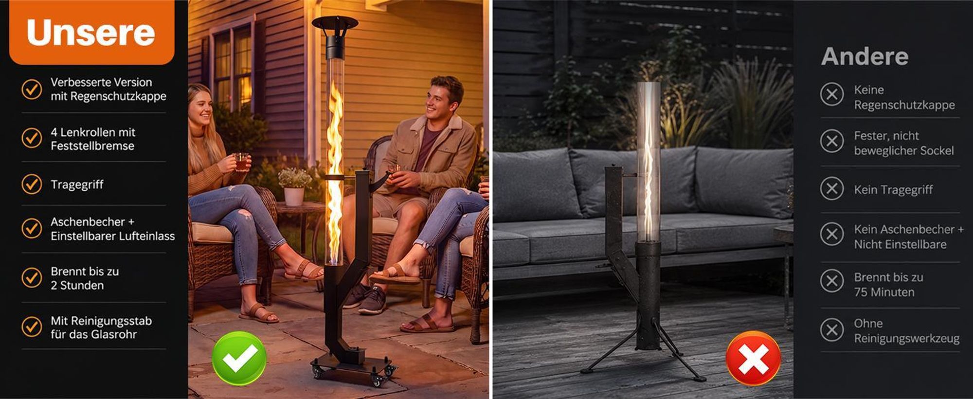 ZMH Caminetto da esterno cilindrico, 6 kW, stufa a pellet freestanding con ruote girevoli, base di appoggio da 167 cm, fiamma regolabile, ideale per l'esterno e per feste