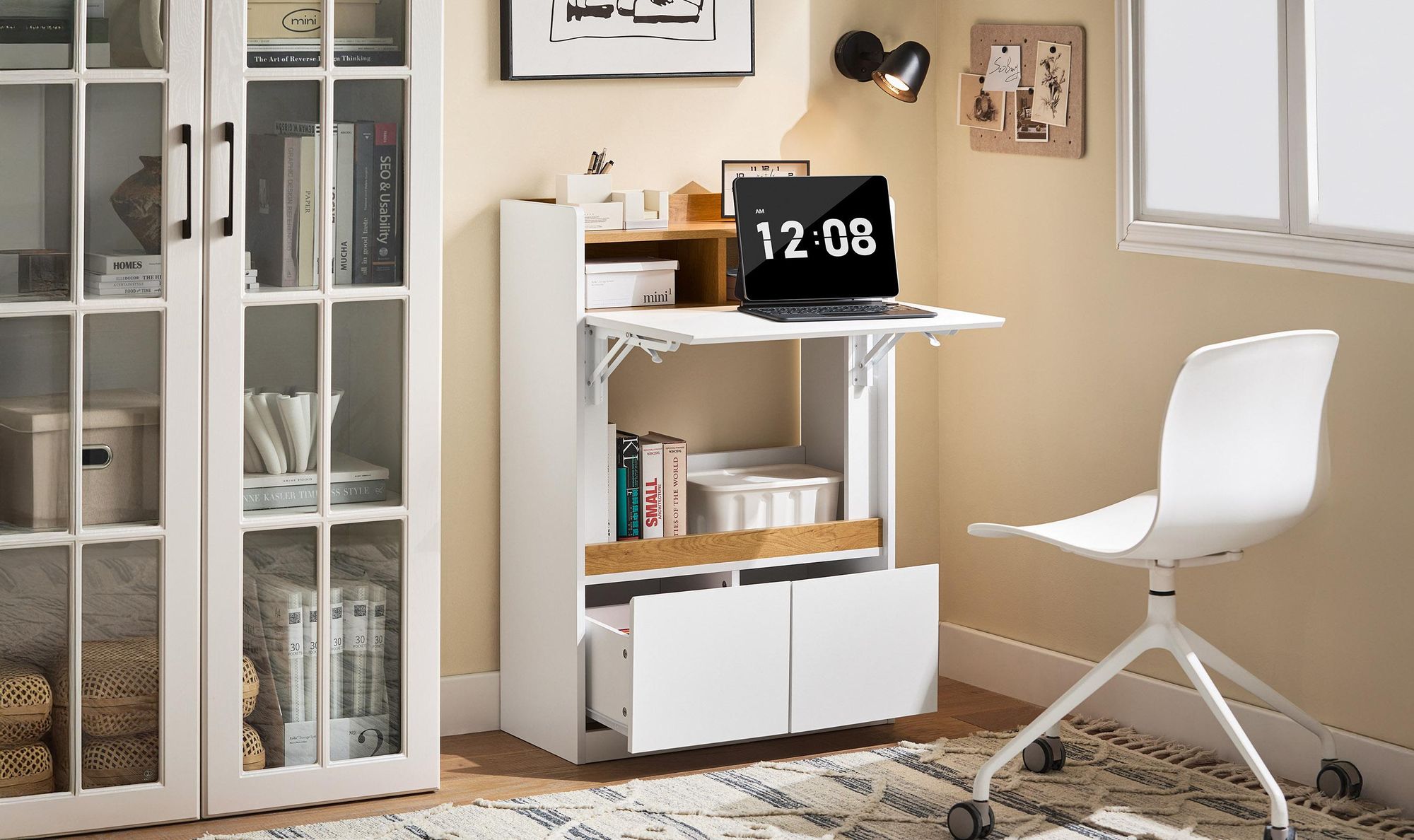 SoBuy Kompakter Schreibtisch Computertisch mit 1 Schublade und 2 Haken Kleiner Tisch Arbeitstisch PC Tisch Möbel Weiß 60x77x40cm FWT43-W