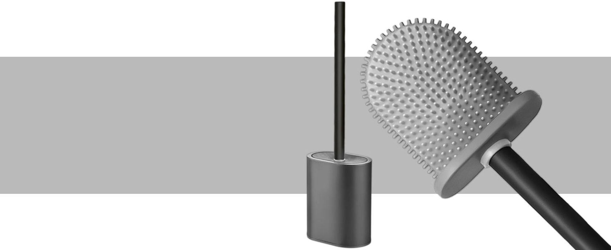 KRUMAD Silikon WC Bürste mit Halter, Toilettenbürste für Toilette, Klobürste mit Behälter, breite Bürstenkopf, Schwarz Grau, 25 cm