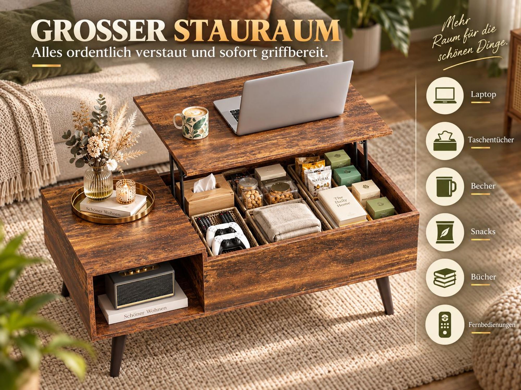 Couchtisch höhenverstellbar mit Stauraum, Lift-Top Wohnzimmertisch 100×50×41-57cm, Holzoptik & Metallrahmen, für Wohnzimmer
