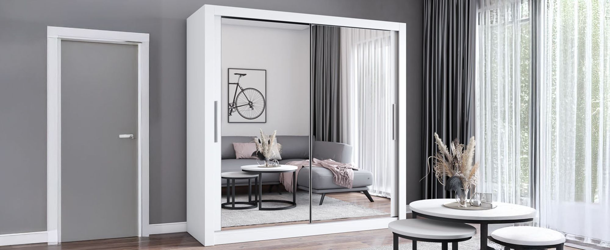 Schwebetürenschrank Kleiderschrank Schrank 203cm Weiß/Weiß mit zwei Spiegeln MILAN