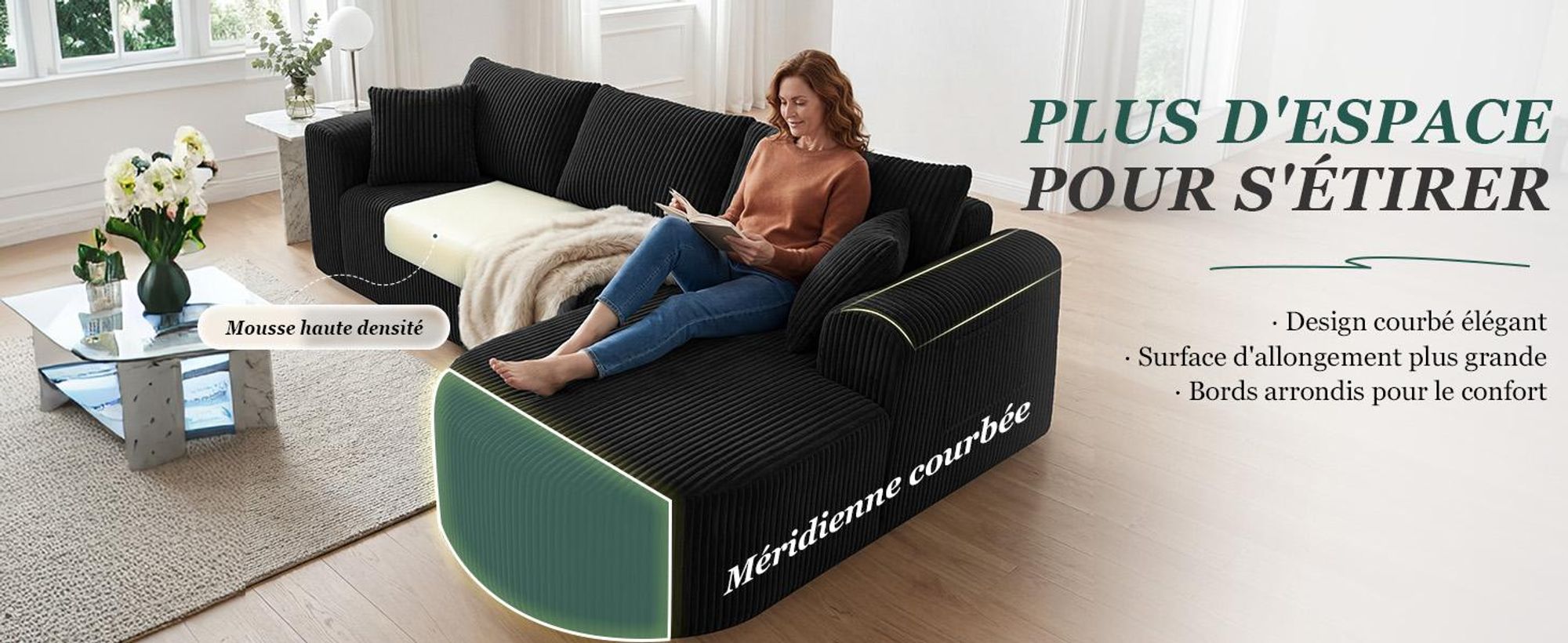 Canapé d'angle COMHOMA avec fonction convertible, 263 cm, en velours, modulaire, sans structure visible, avec chaise longue, canapé d'angle convertible, canapés modulaires avec coussins et poche latérale