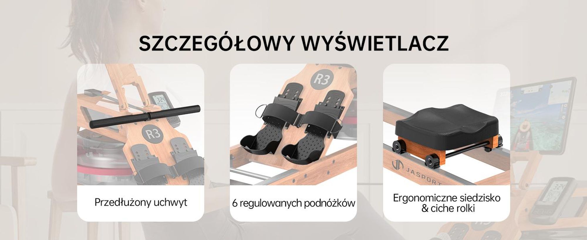 JASPORT R3 składany wioślarz z certyfikowanego drewna dębowego z oporem wodnym, Bluetooth, LCD, Kinomap, 28 l, do 150 kg – Cherry