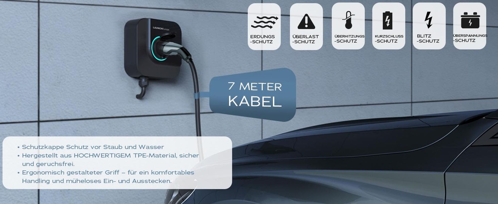 LAUNCH Typ 2 Ladekabel 22 kW 7M 32 A Ladekabel Elektroauto Typ 2 3 Phasig für E Auto EV/PHEV Typ 2 auf Typ 2,für T-Mode und E-Golf-Serienfahrzeuge