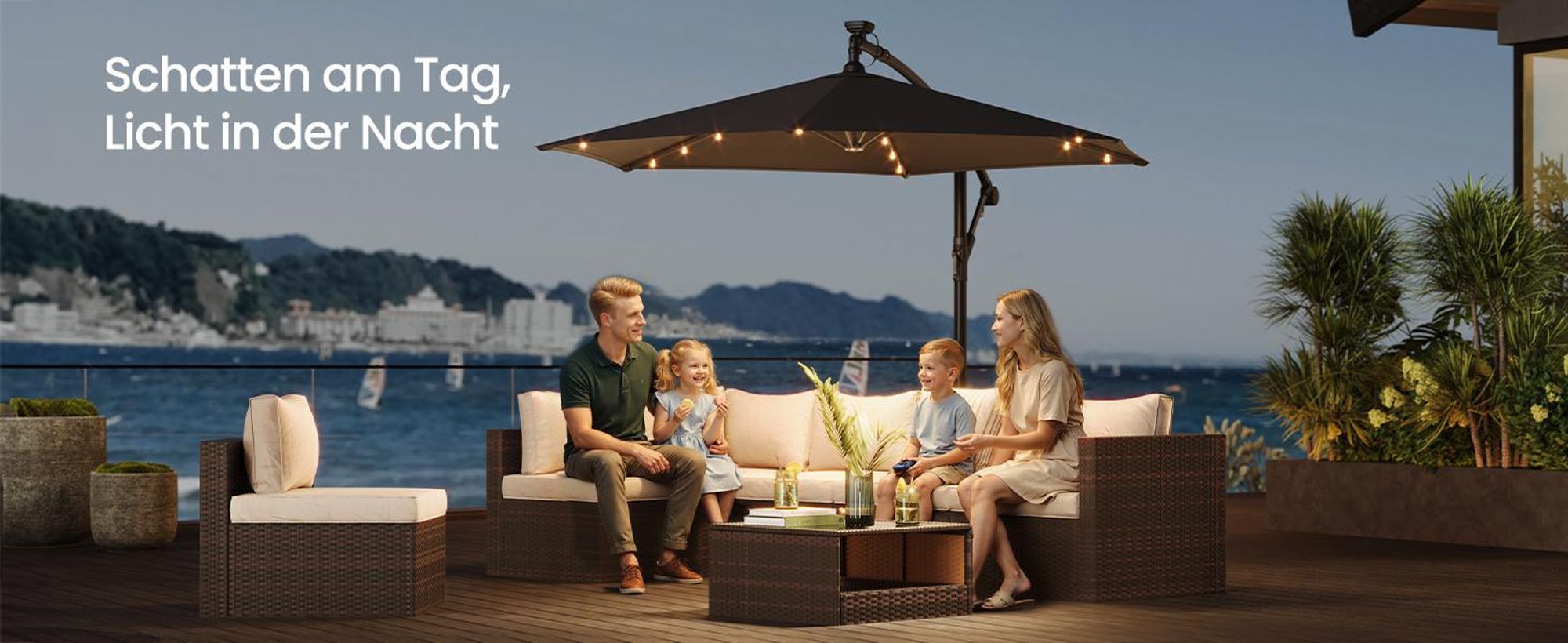SONGMICS Sonnenschirm ampelschirm Ø 300 cm mit LED-Solar-Beleuchtung UPF 50+