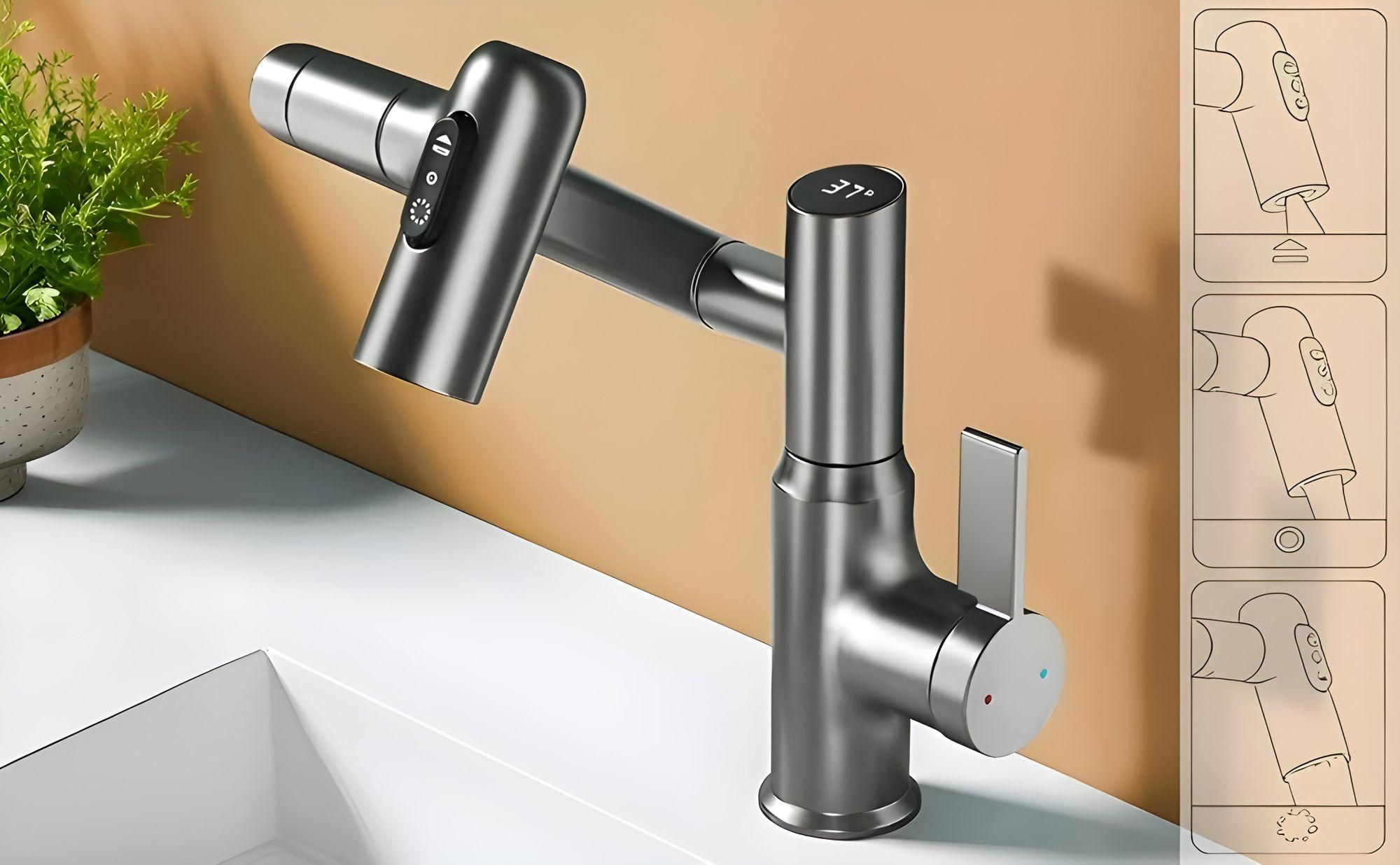 Wasserhahn Bad, mit 3 Strahlarten, LED - Temperaturanzeige ohne Batterie, 360° drehbar, Edelstahl, Keramikventil, tropfenfrei, für Bad & Küche