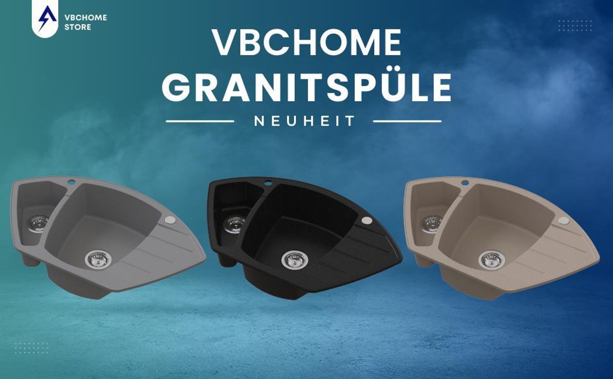 VBChome Spülbecken 90x54x19 cm Beige Granit 1,5 Becken Abtropffläche Einbauspüle gesprenkelt Eckspülbecken Restebecken Siphon