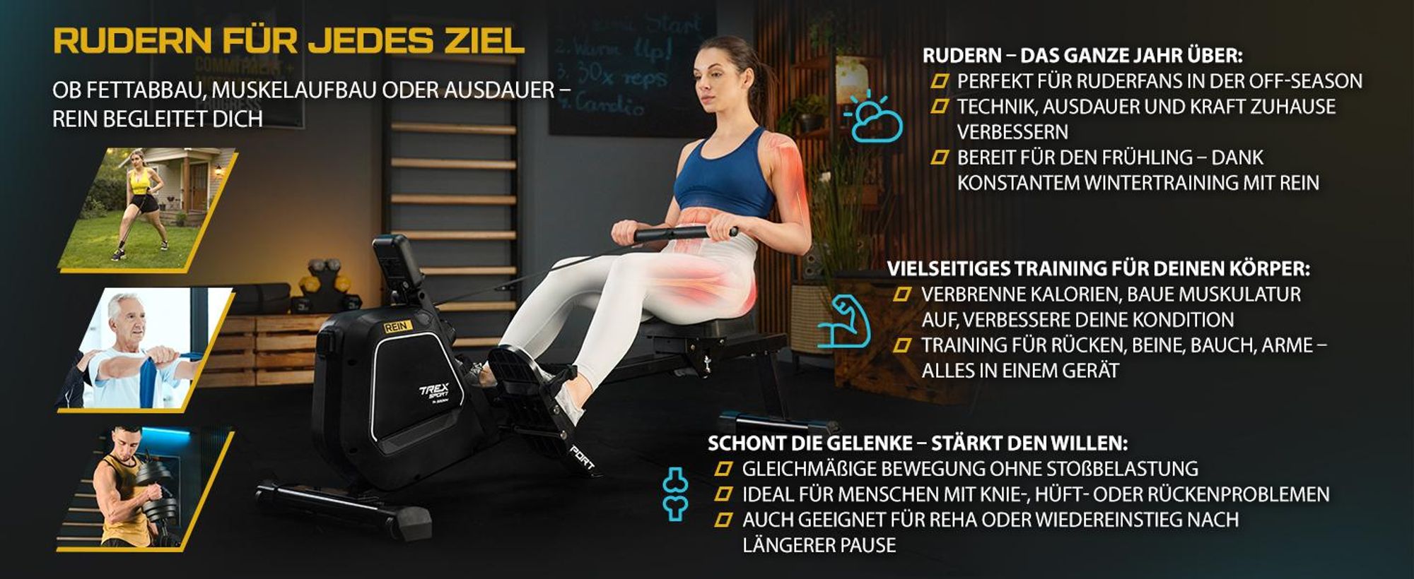 TREX SPORT Rudergerät klappbar für zuhause TX-580RM REIN | Rudermaschine mit Magnet-Widerstand 16 Stufen, 9kg Schwungmasse | mit LCD-Display bis 130kg