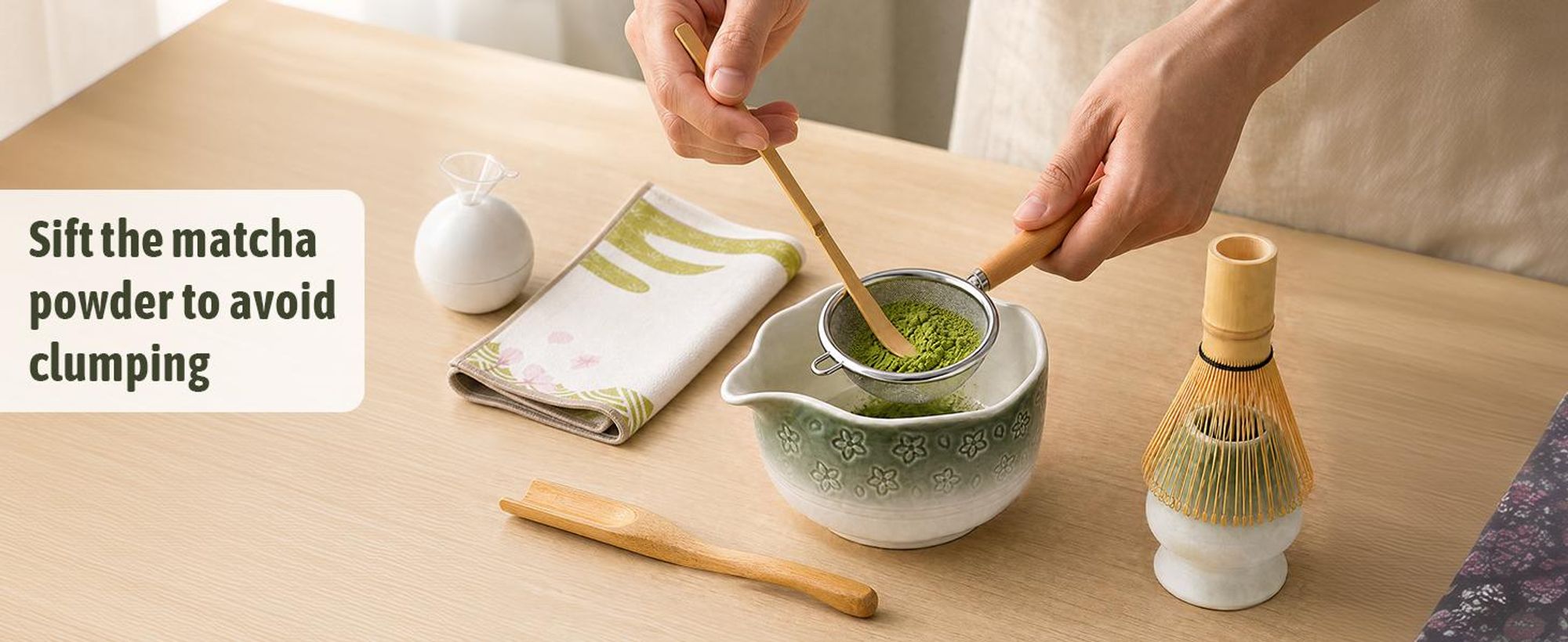 VONATES Matcha Set 9-tlg. mit Matcha-Schale, Bambus-Besener & Halter, Sieb, Löffel, Tuch, Eisform - Starter-Kit für Teezeremonie & Geschenk, Grün Farbverlauf