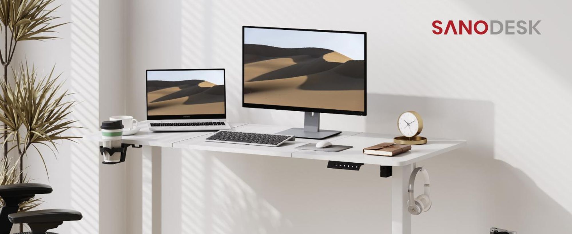 SANODESK Höhenverstellbarer Schreibtisch Upgrade 140×60cm 4 Memory-Funktion Becherhalter, Haken, Kabelmanagement 70kg Tragkraft Kollisionsschutz Weiß